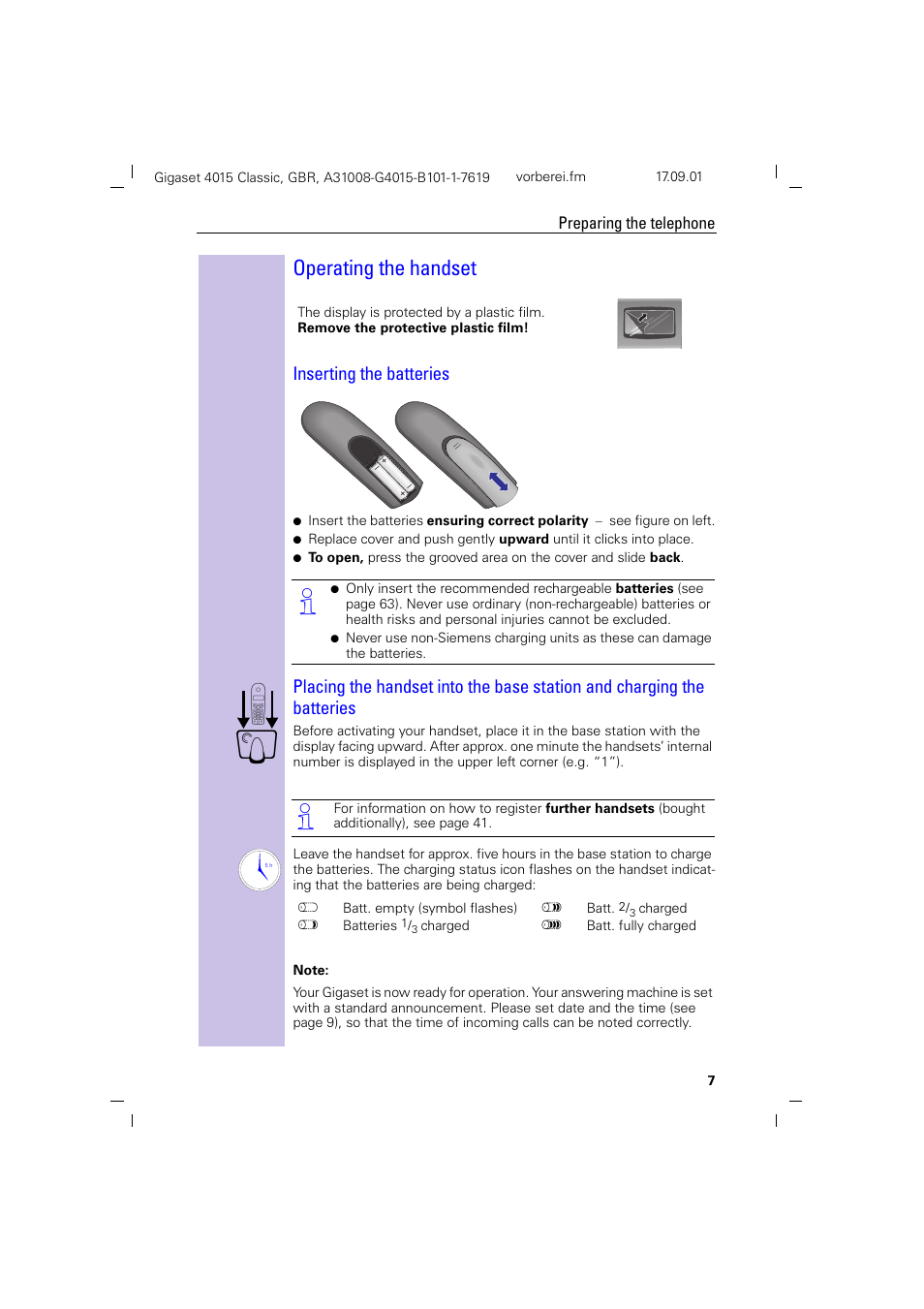 Operating the handset, Inserting the batteries | Siemens Gigaset 4015 User Manual | Page 11 / 77