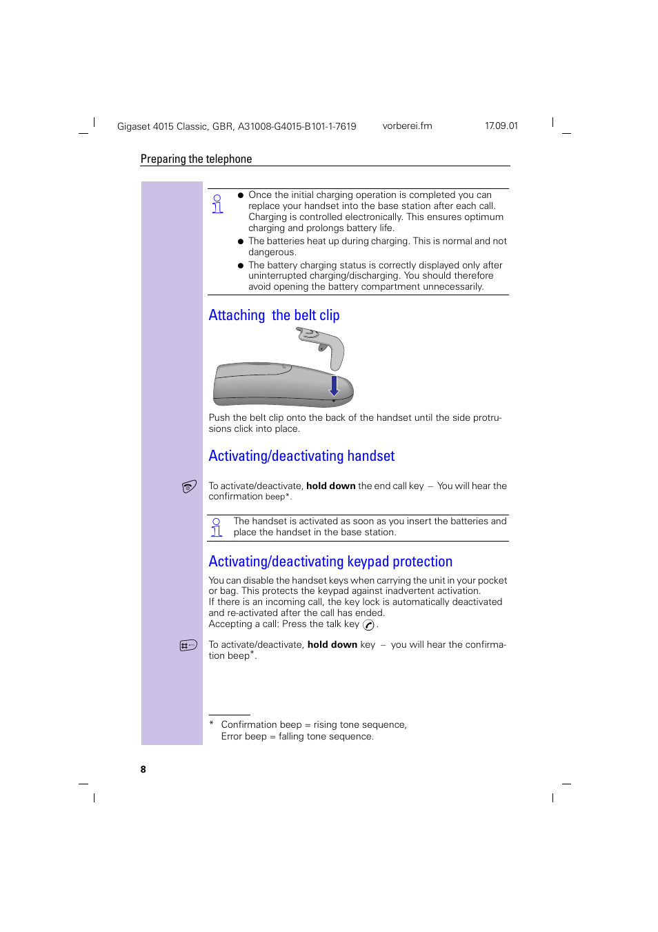 Attaching the belt clip, Activating/deactivating handset, Activating/deactivating keypad protection | Siemens Gigaset 4015 User Manual | Page 12 / 77