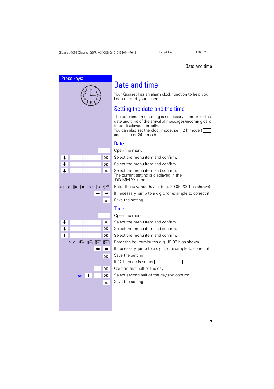 Date and time, Setting the date and the time, Date | Time | Siemens Gigaset 4015 User Manual | Page 13 / 77