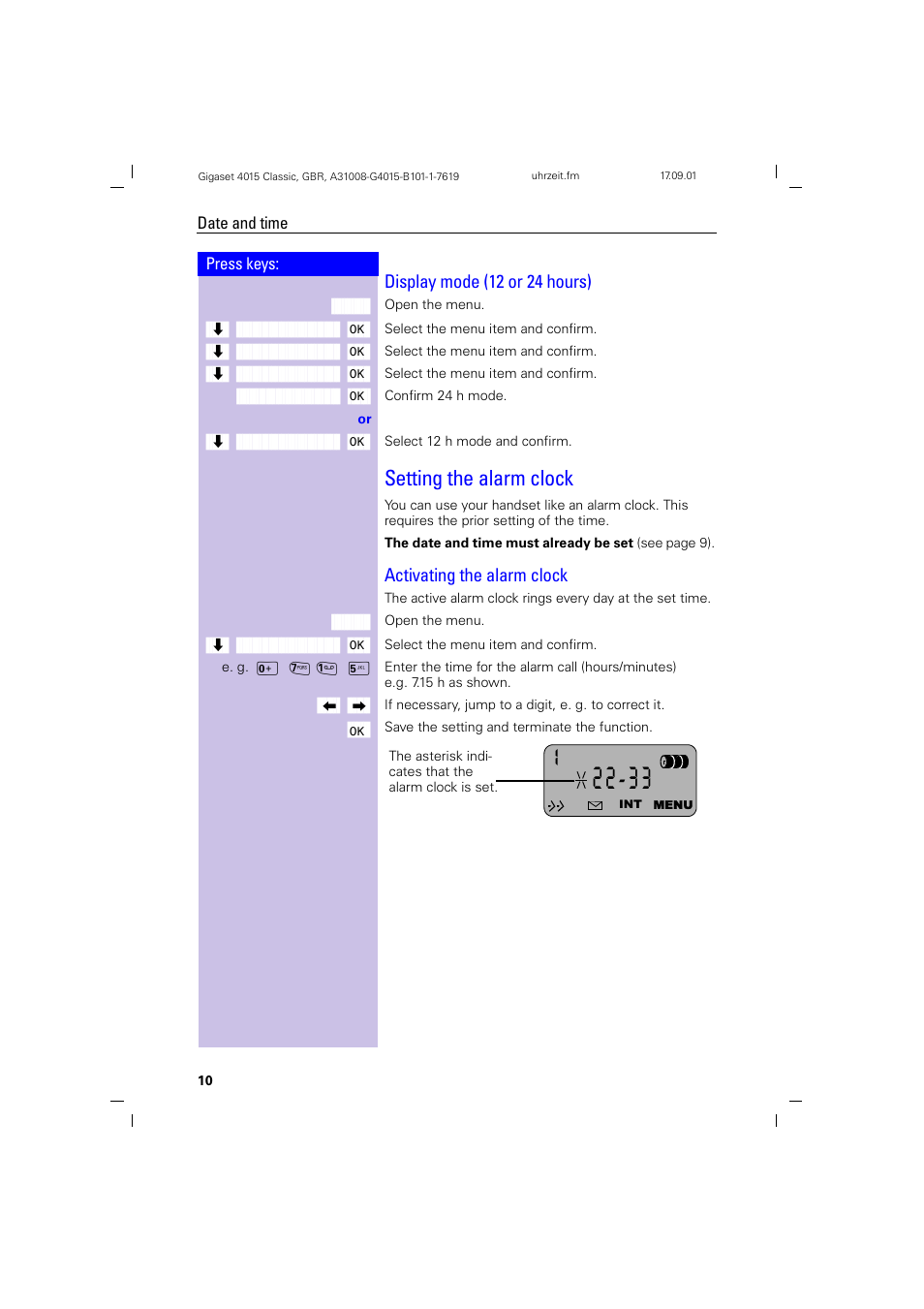 Display mode (12 or 24 hours), Setting the alarm clock, Activating the alarm clock | Siemens Gigaset 4015 User Manual | Page 14 / 77