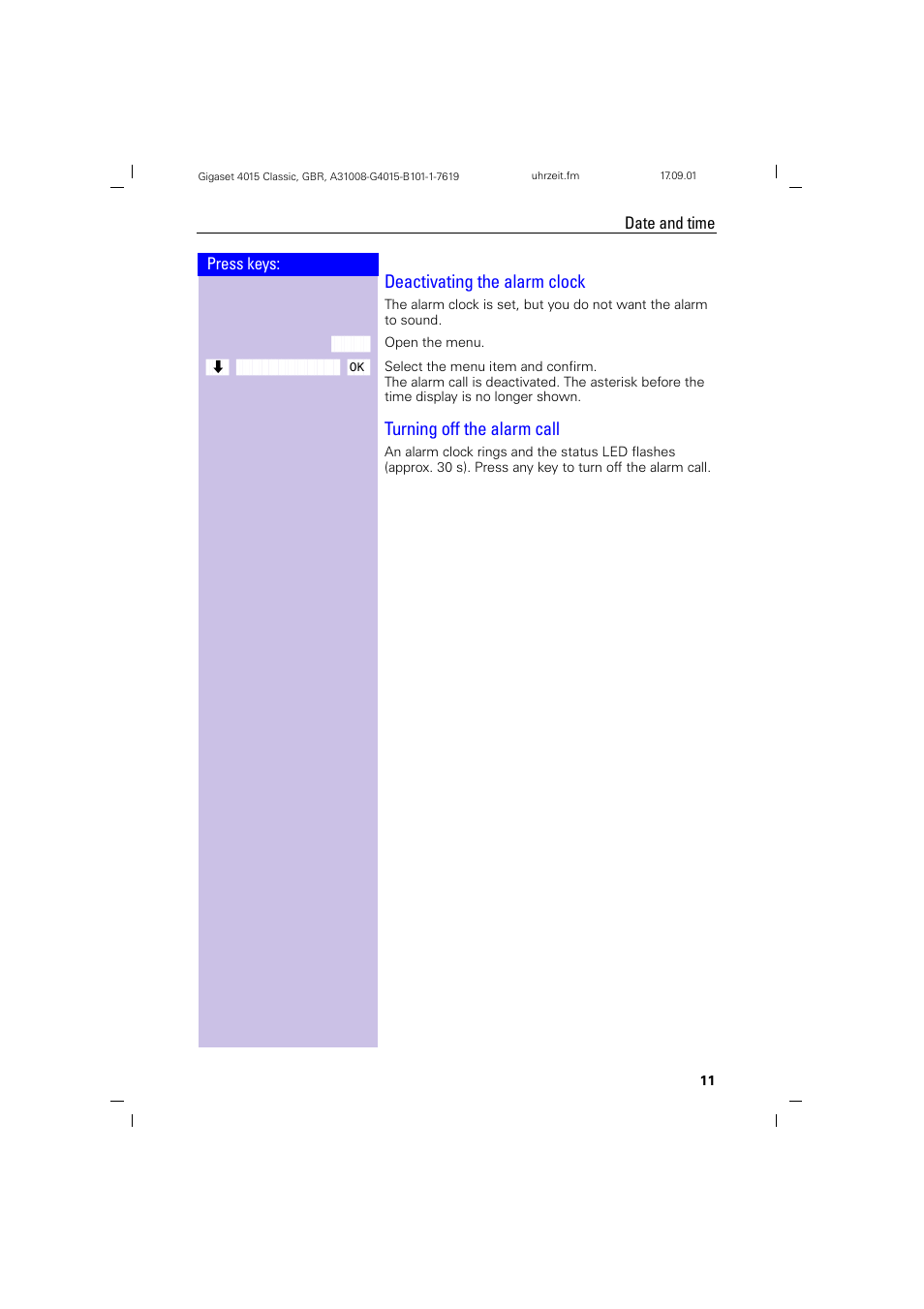 Deactivating the alarm clock, Turning off the alarm call | Siemens Gigaset 4015 User Manual | Page 15 / 77