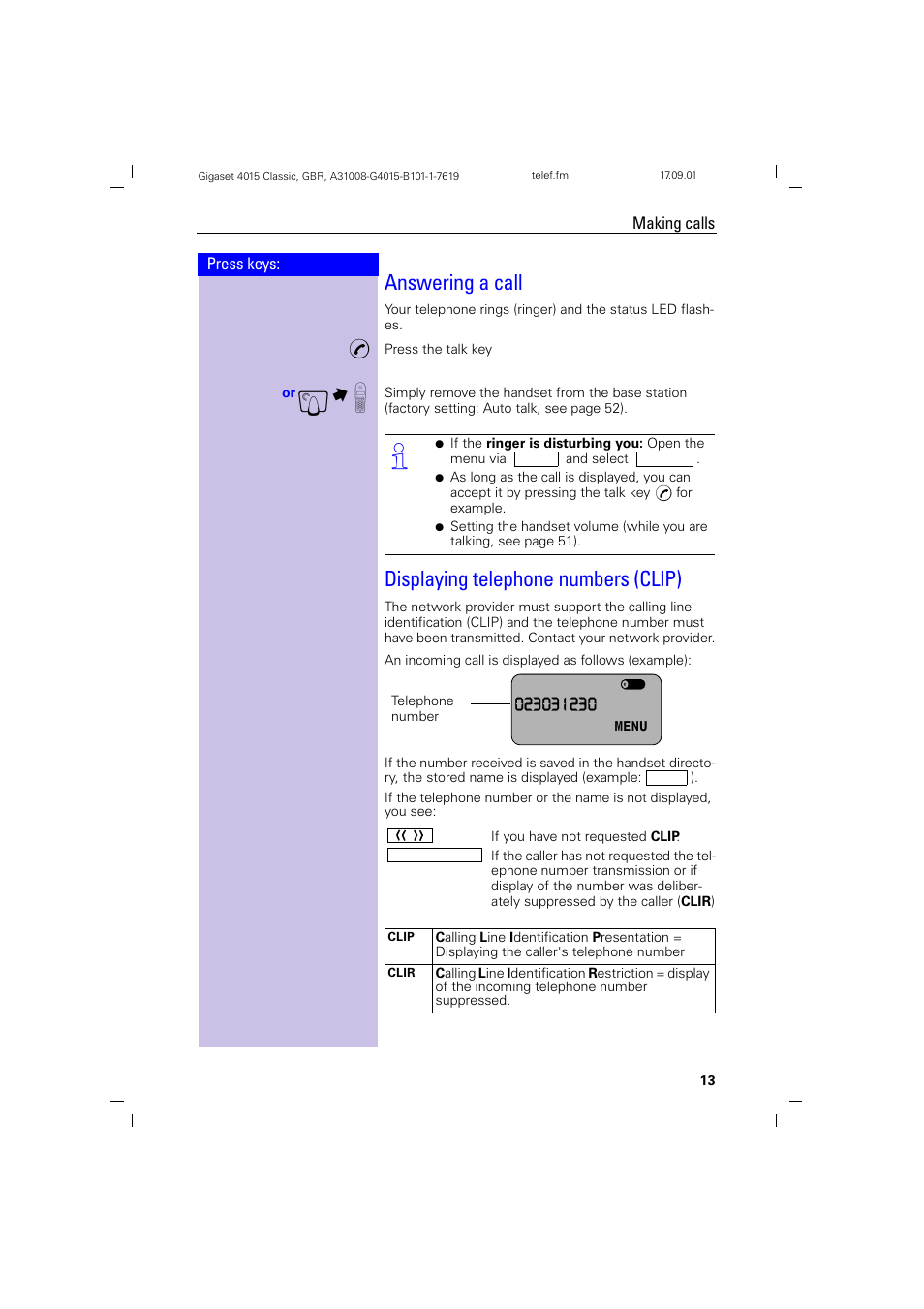 Answering a call, Displaying telephone numbers (clip) | Siemens Gigaset 4015 User Manual | Page 17 / 77