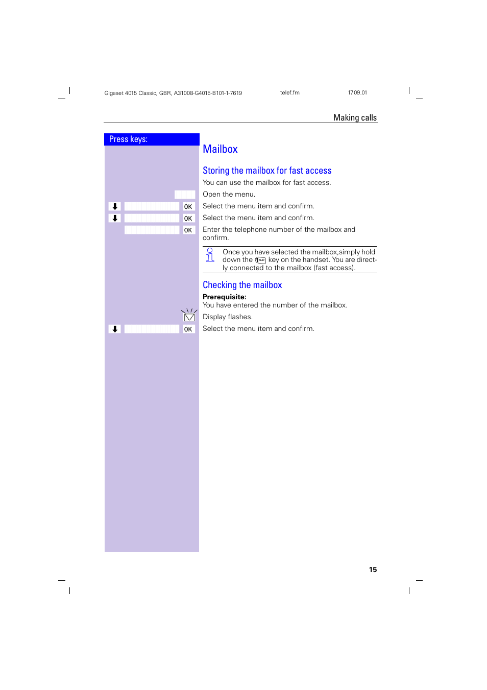 Mailbox, Storing the mailbox for fast access, Checking the mailbox | Siemens Gigaset 4015 User Manual | Page 19 / 77