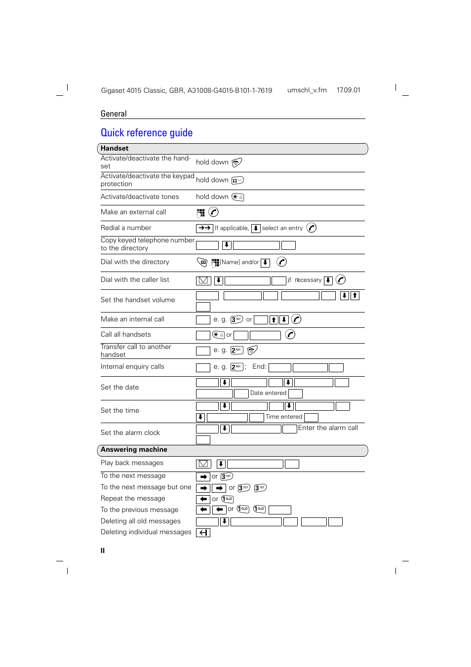 Quick reference guide, General | Siemens Gigaset 4015 User Manual | Page 2 / 77