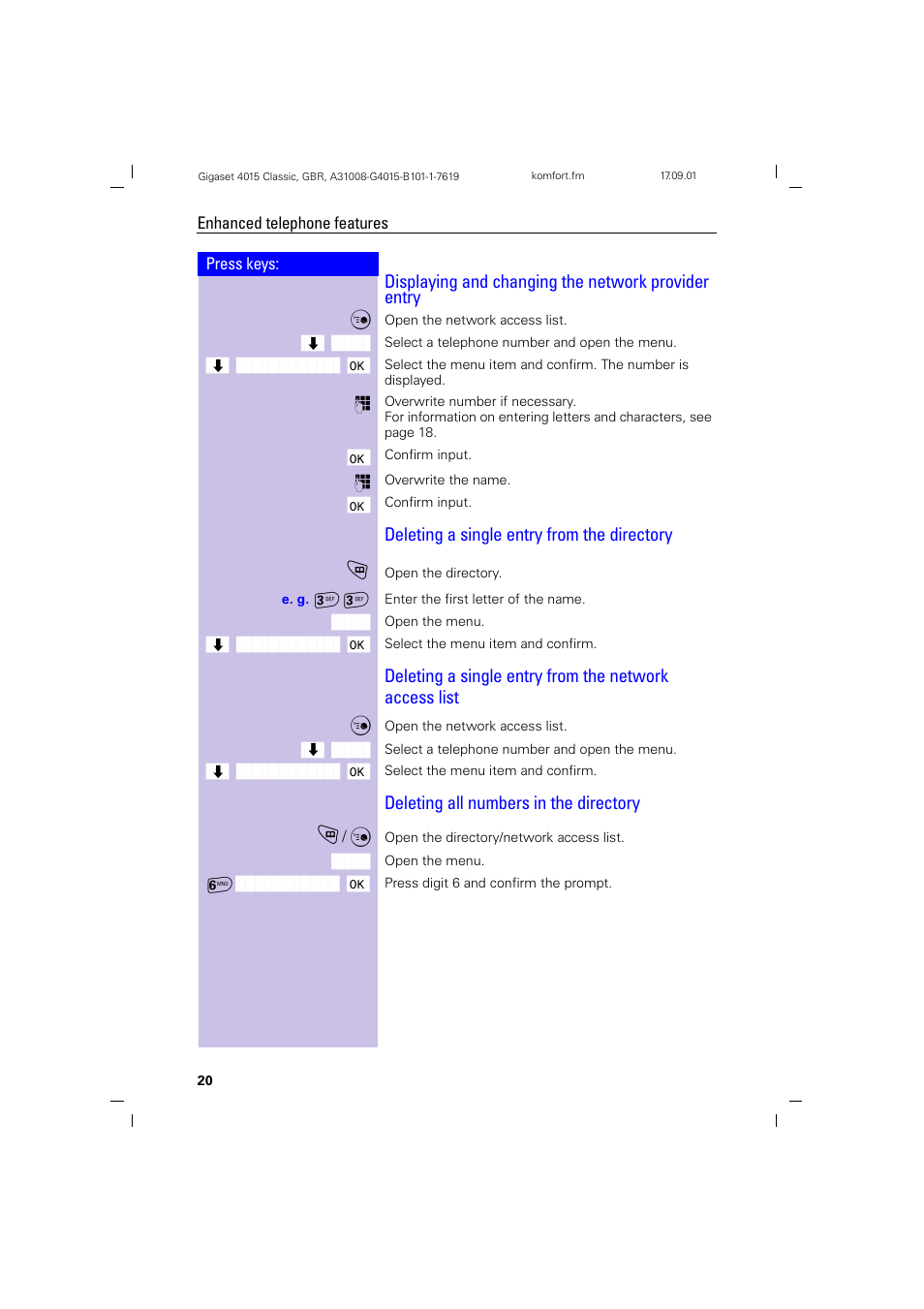 Displaying and changing the network provider entry, Deleting a single entry from the directory, Deleting all numbers in the directory | Siemens Gigaset 4015 User Manual | Page 24 / 77