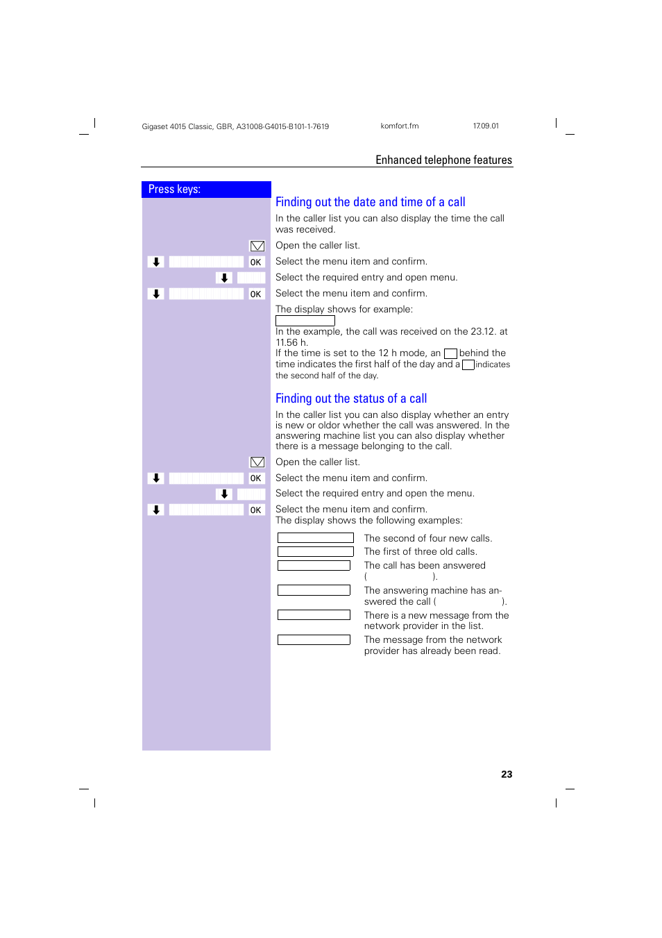 Finding out the date and time of a call, Finding out the status of a call | Siemens Gigaset 4015 User Manual | Page 27 / 77