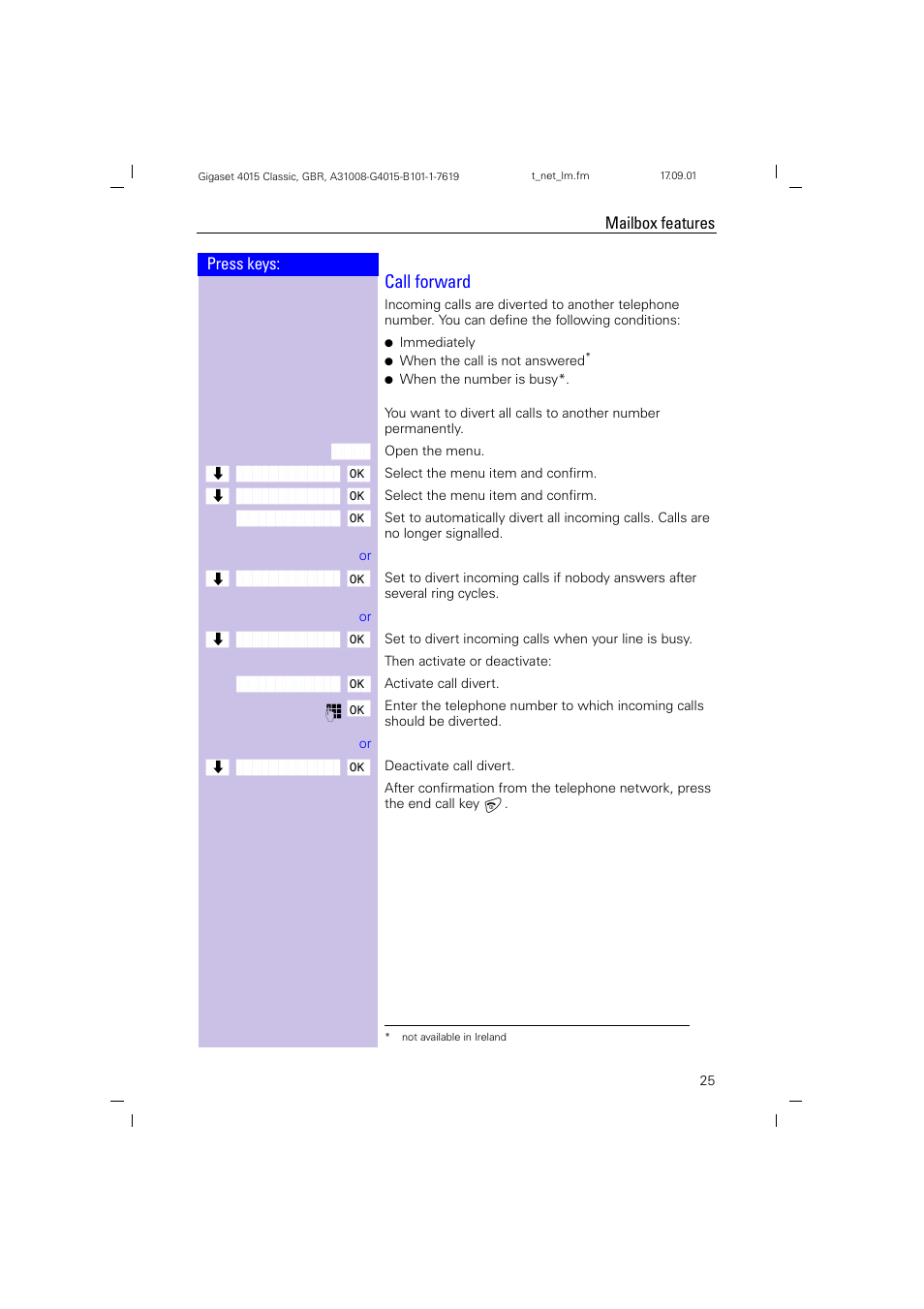 Call forward | Siemens Gigaset 4015 User Manual | Page 29 / 77