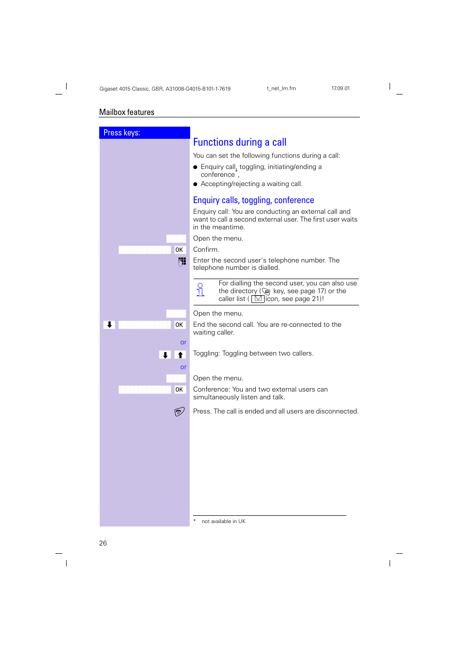 Functions during a call, Enquiry calls, toggling, conference | Siemens Gigaset 4015 User Manual | Page 30 / 77