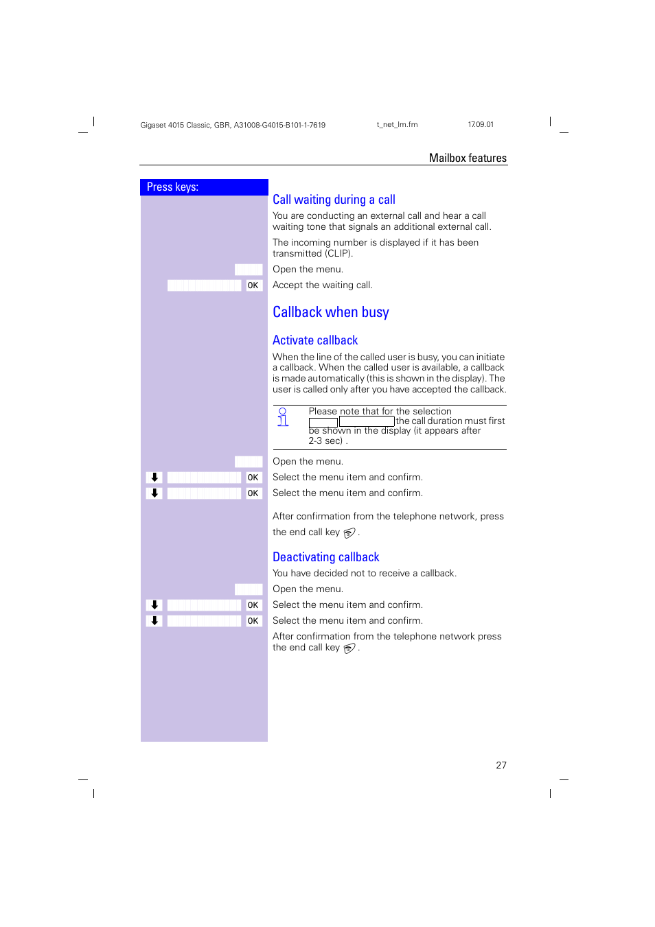 Call waiting during a call, Callback when busy, Activate callback | Deactivating callback | Siemens Gigaset 4015 User Manual | Page 31 / 77