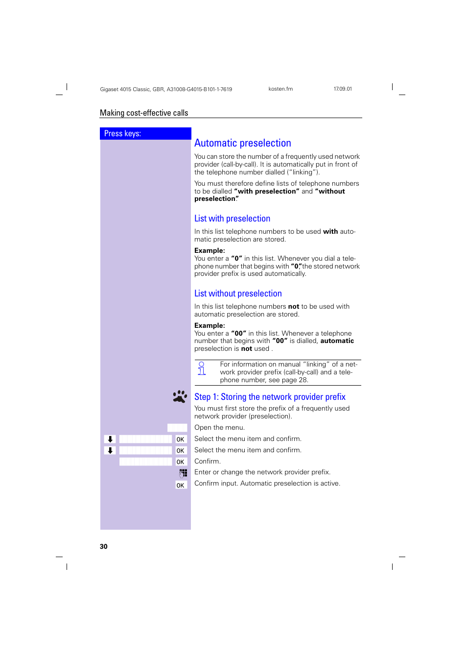 Automatic preselection, Step 1: storing the network provider prefix | Siemens Gigaset 4015 User Manual | Page 34 / 77