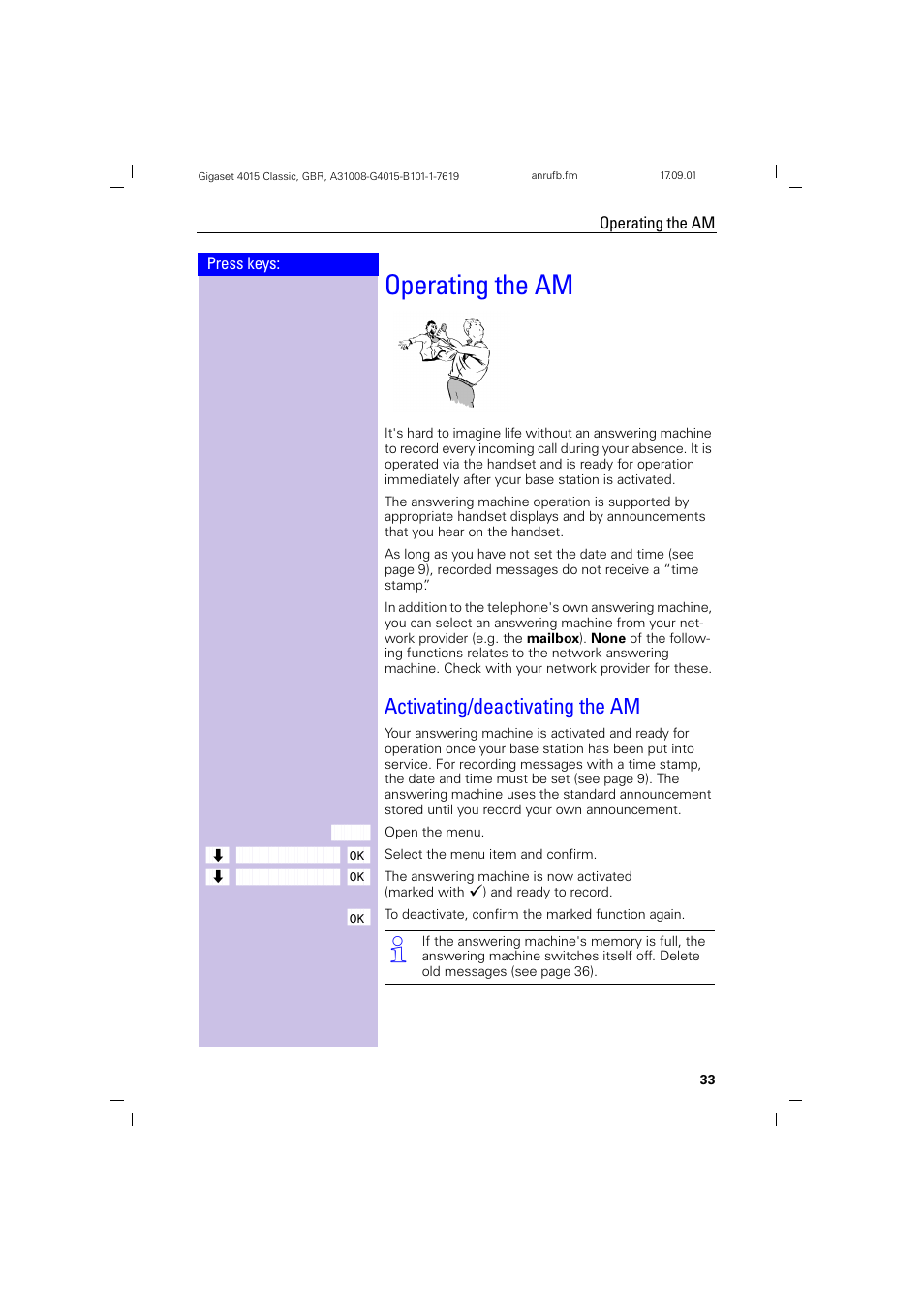 Operating the am, Activating/deactivating the am | Siemens Gigaset 4015 User Manual | Page 37 / 77