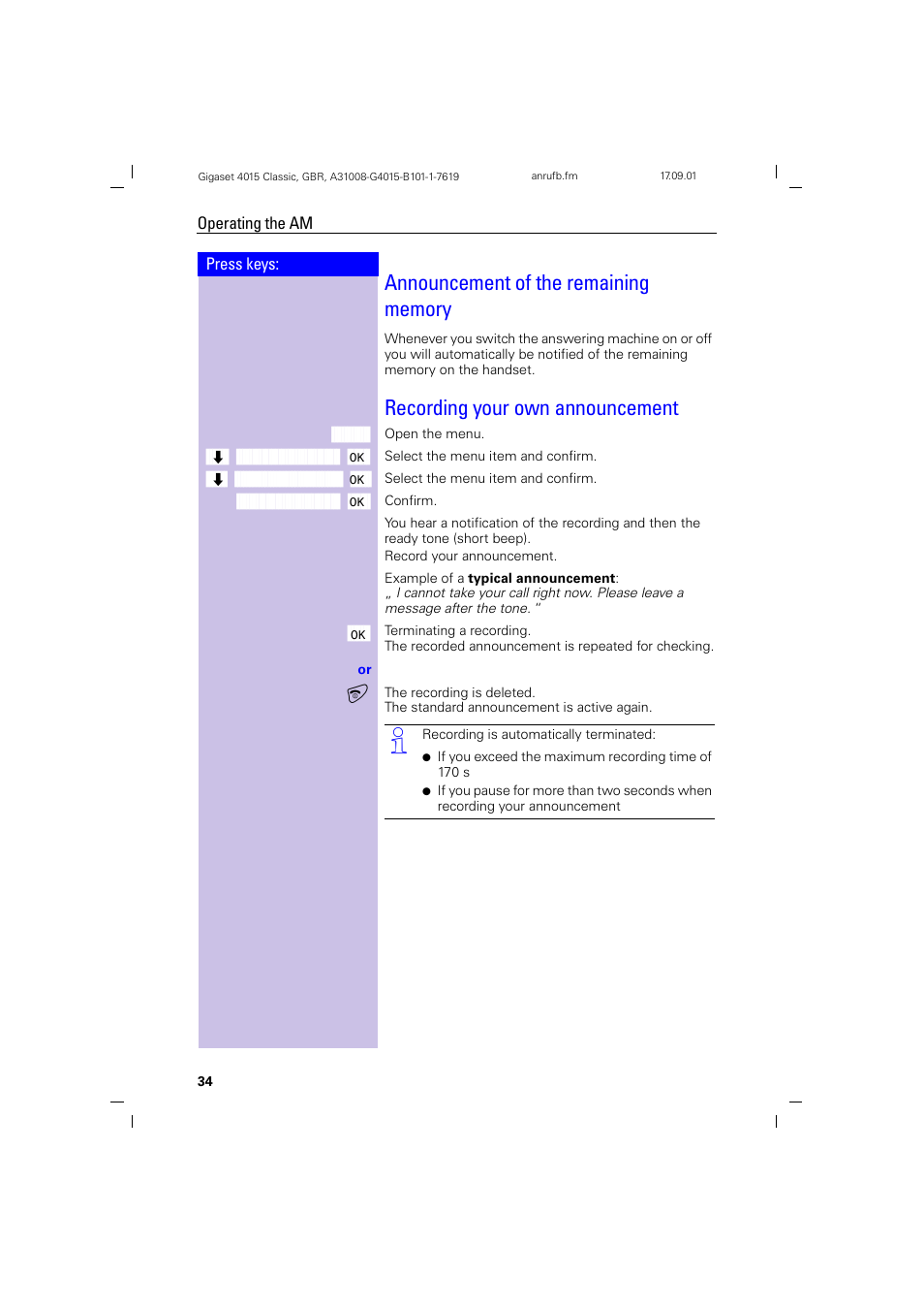 Announcement of the remaining memory, Recording your own announcement | Siemens Gigaset 4015 User Manual | Page 38 / 77