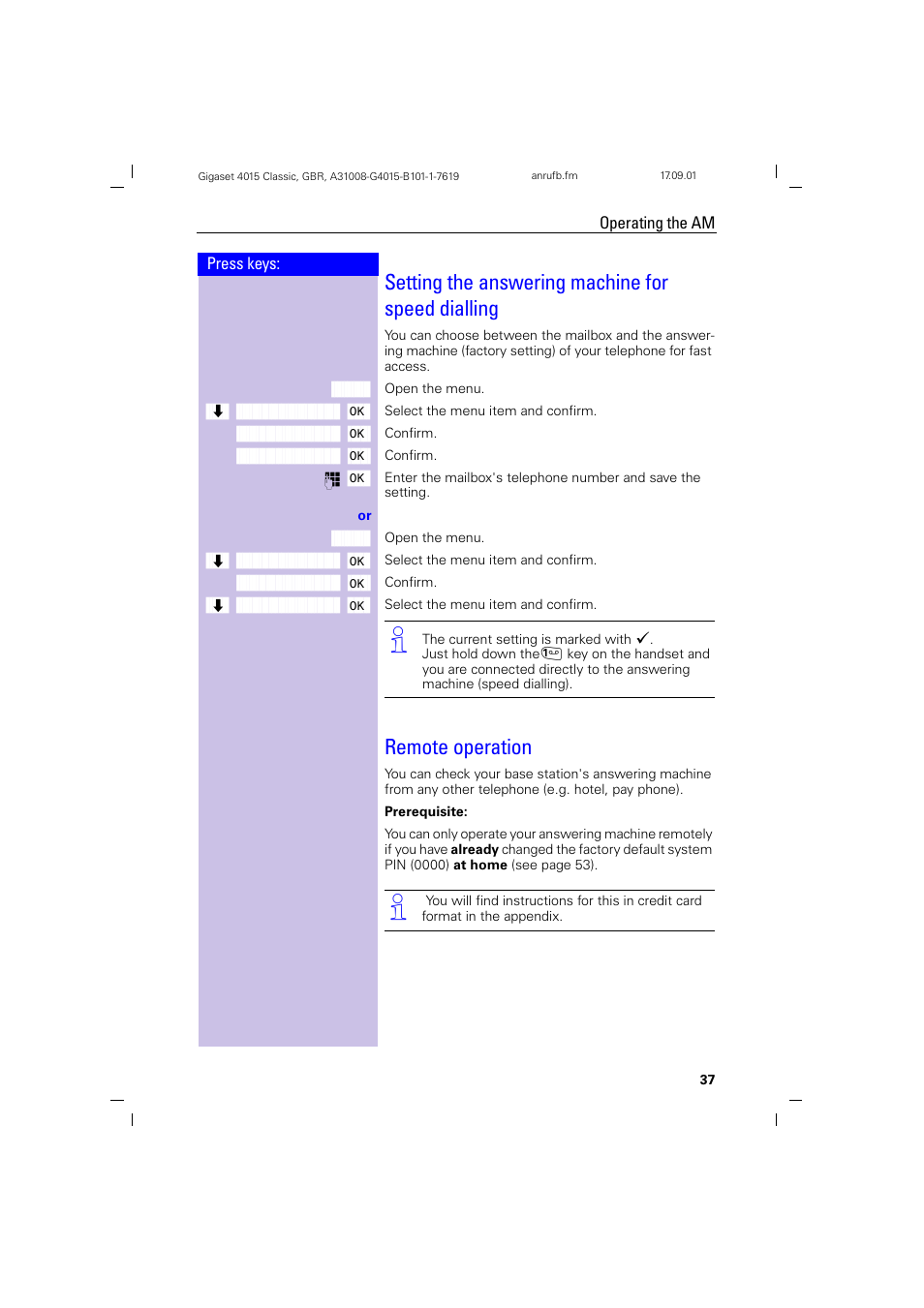 Setting the answering machine for speed dialling, Remote operation | Siemens Gigaset 4015 User Manual | Page 41 / 77