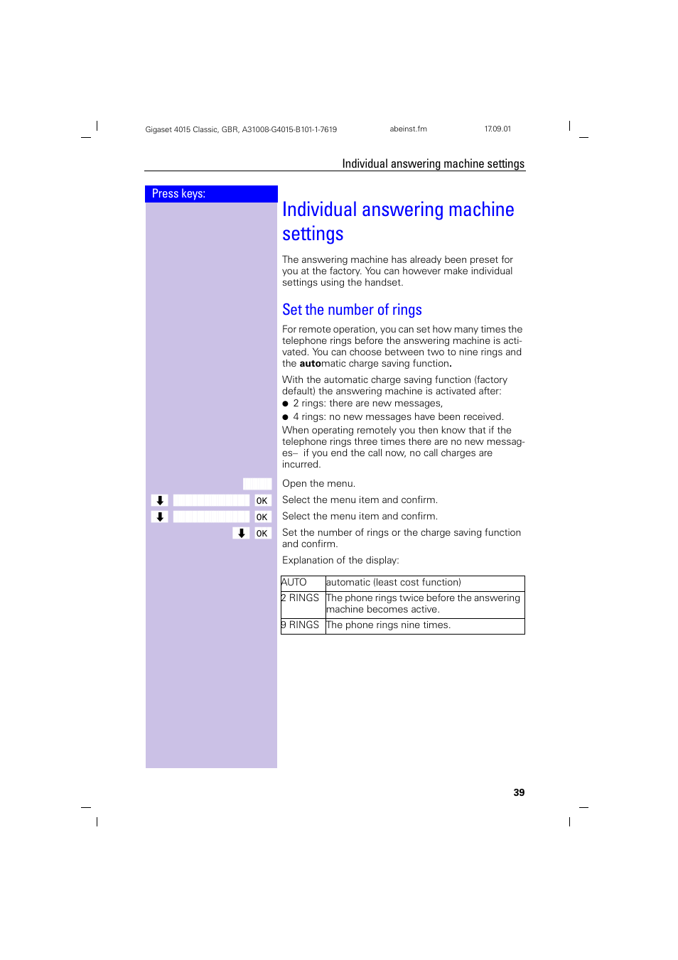 Individual answering machine settings, Set the number of rings | Siemens Gigaset 4015 User Manual | Page 43 / 77