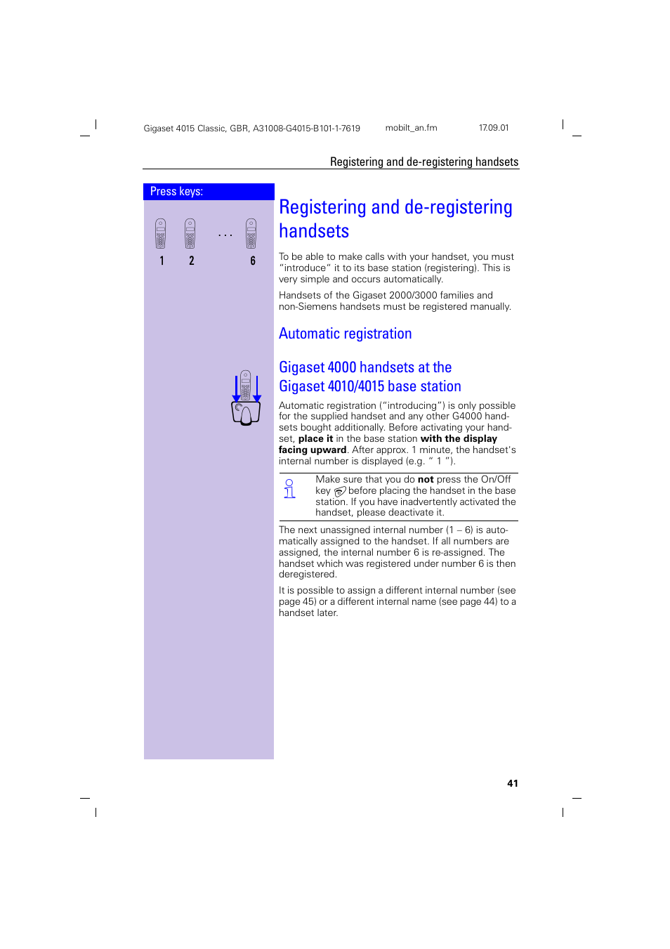 Registering and de-registering handsets, Automatic registration | Siemens Gigaset 4015 User Manual | Page 45 / 77