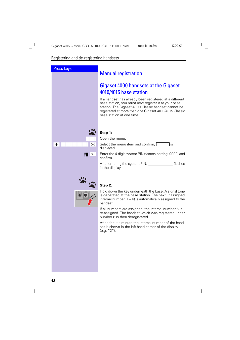 Manual registration | Siemens Gigaset 4015 User Manual | Page 46 / 77