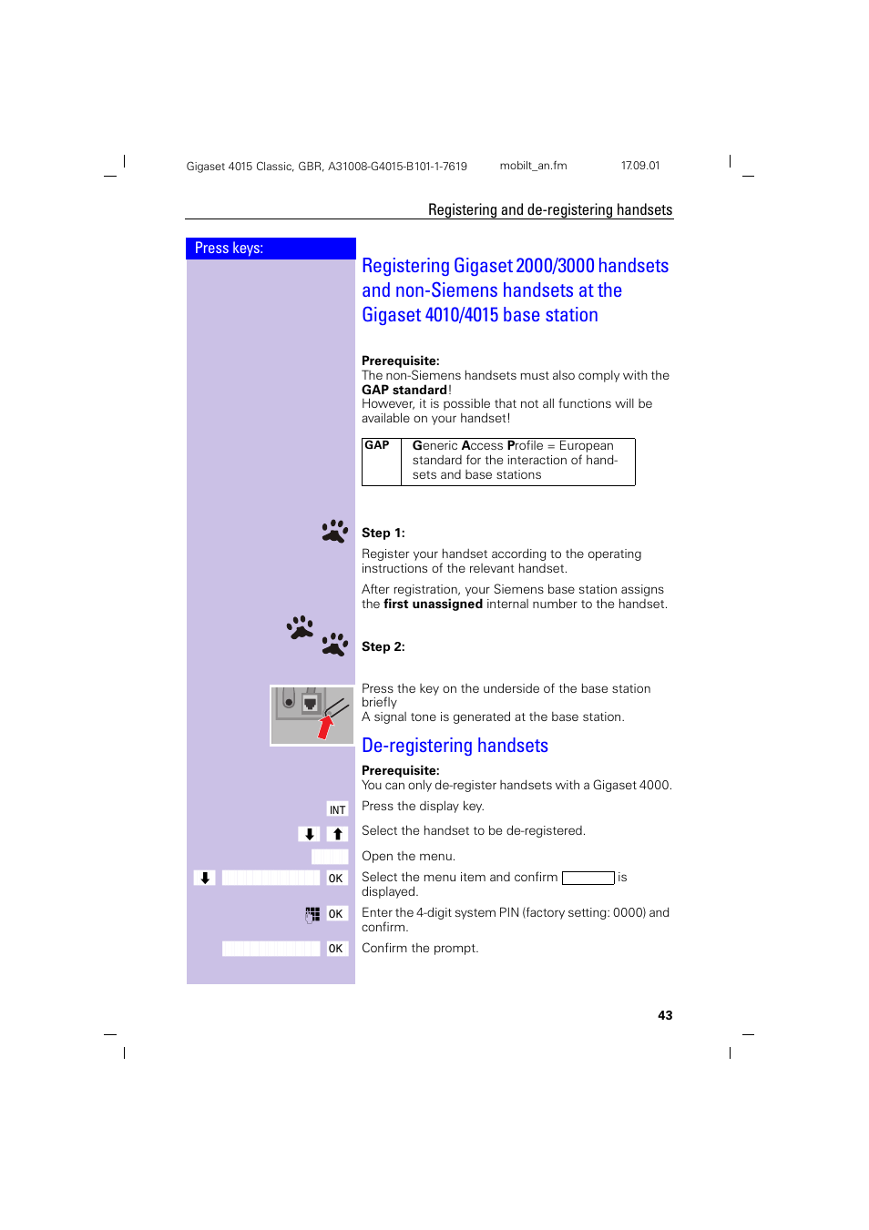 De-registering handsets | Siemens Gigaset 4015 User Manual | Page 47 / 77