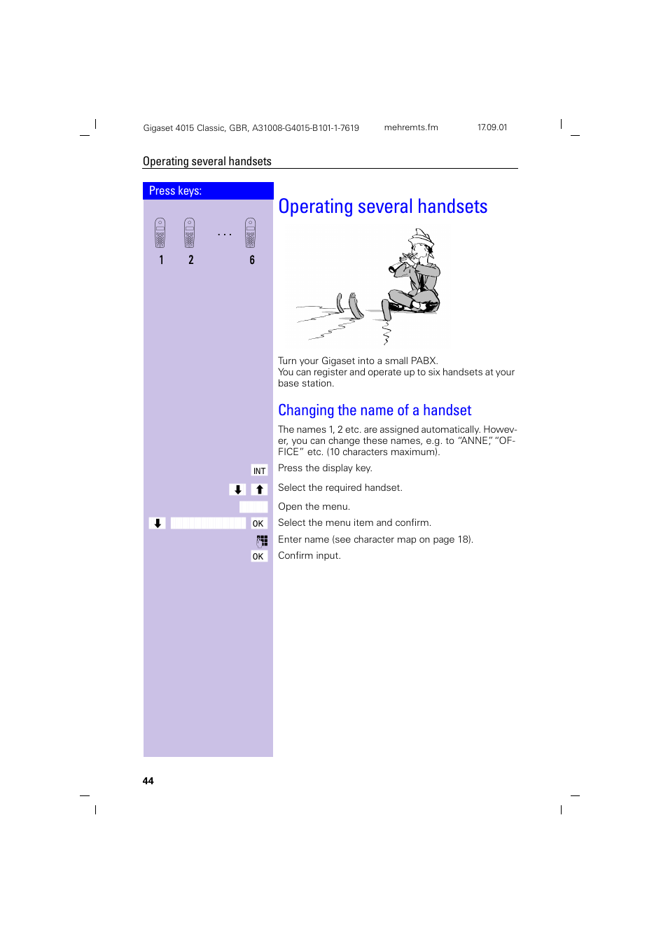 Operating several handsets, Changing the name of a handset, Operating several handsets | Siemens Gigaset 4015 User Manual | Page 48 / 77