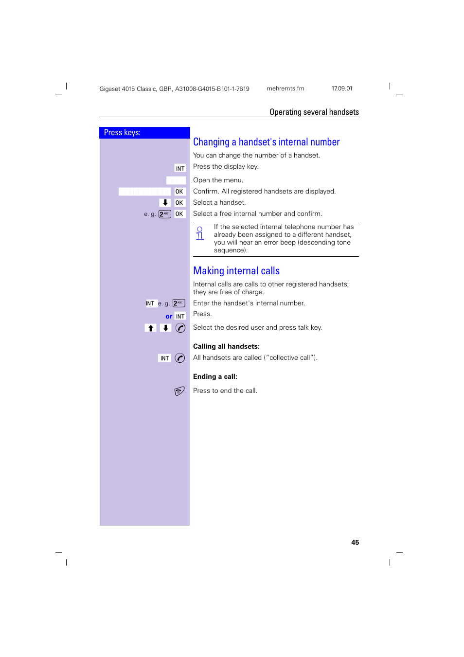 Changing a handset's internal number, Making internal calls | Siemens Gigaset 4015 User Manual | Page 49 / 77