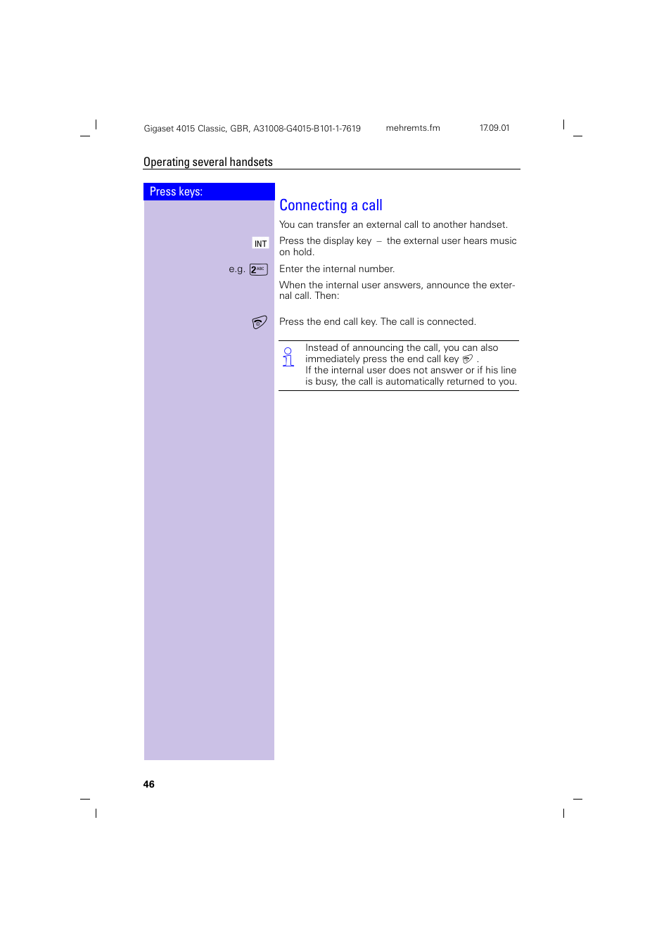 Connecting a call | Siemens Gigaset 4015 User Manual | Page 50 / 77