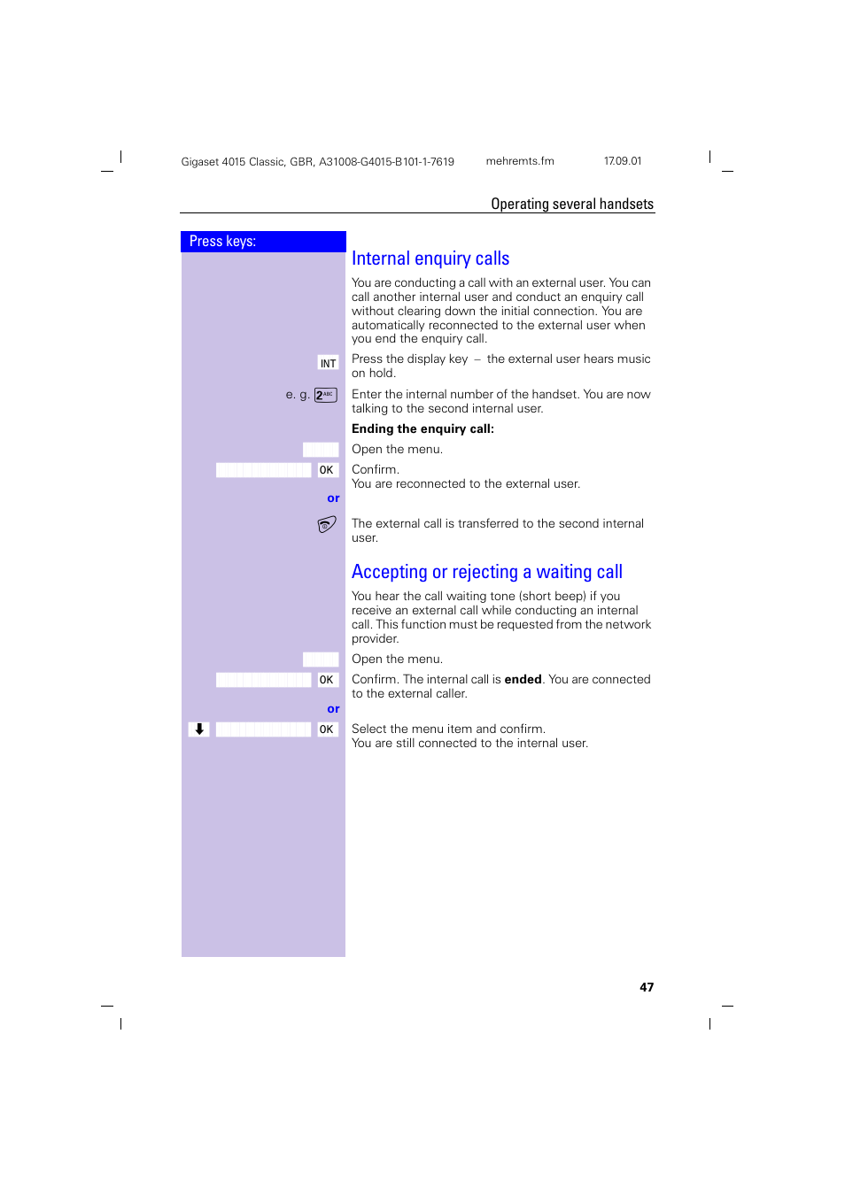 Internal enquiry calls, Accepting or rejecting a waiting call | Siemens Gigaset 4015 User Manual | Page 51 / 77