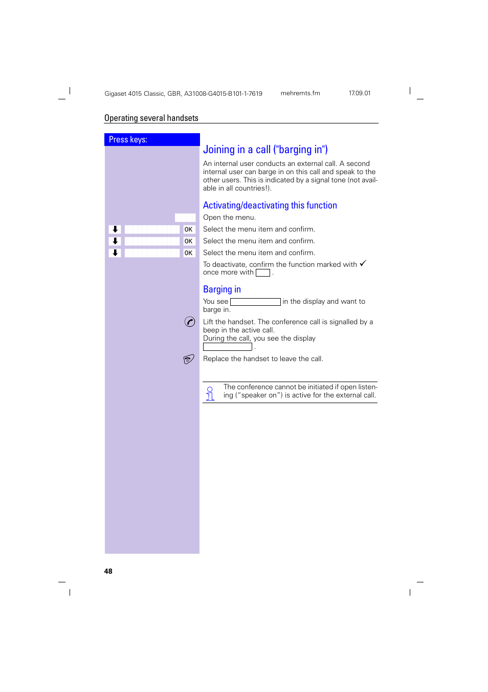 Joining in a call ("barging in"), Activating/deactivating this function, Barging in | Siemens Gigaset 4015 User Manual | Page 52 / 77