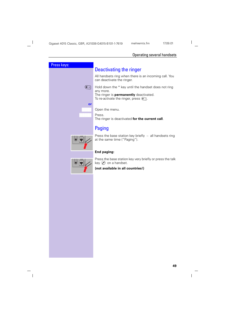 Deactivating the ringer, Paging | Siemens Gigaset 4015 User Manual | Page 53 / 77