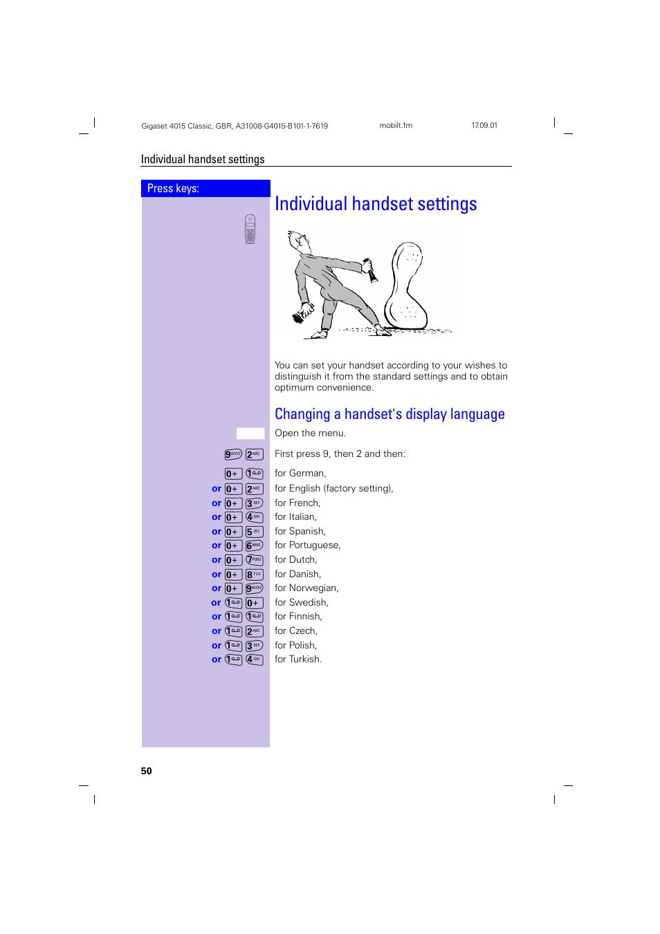 Individual handset settings, Changing a handset's display language | Siemens Gigaset 4015 User Manual | Page 54 / 77