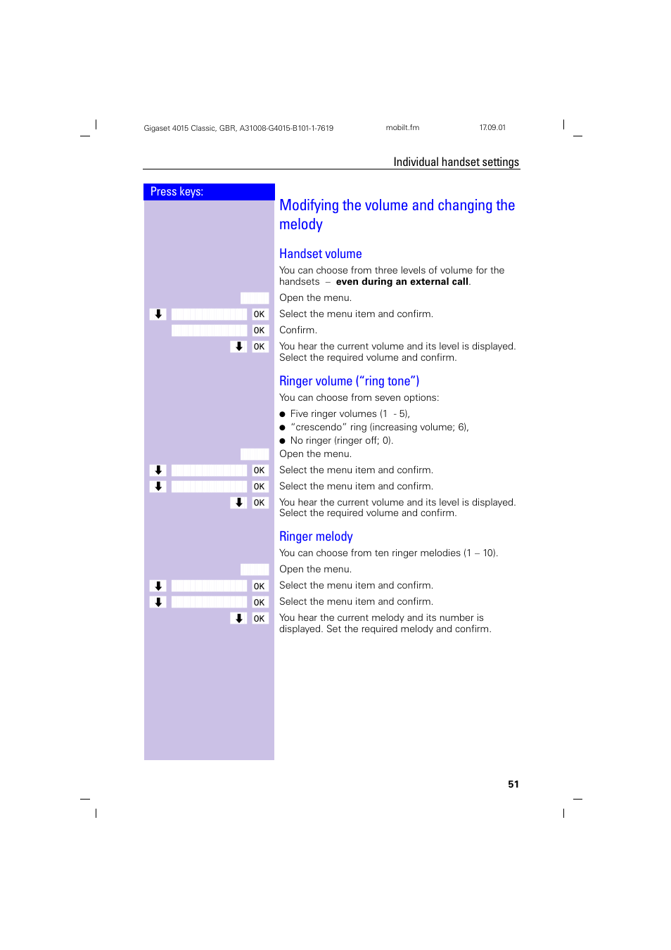 Modifying the volume and changing the melody, Handset volume, Ringer volume (“ring tone”) | Ringer melody | Siemens Gigaset 4015 User Manual | Page 55 / 77