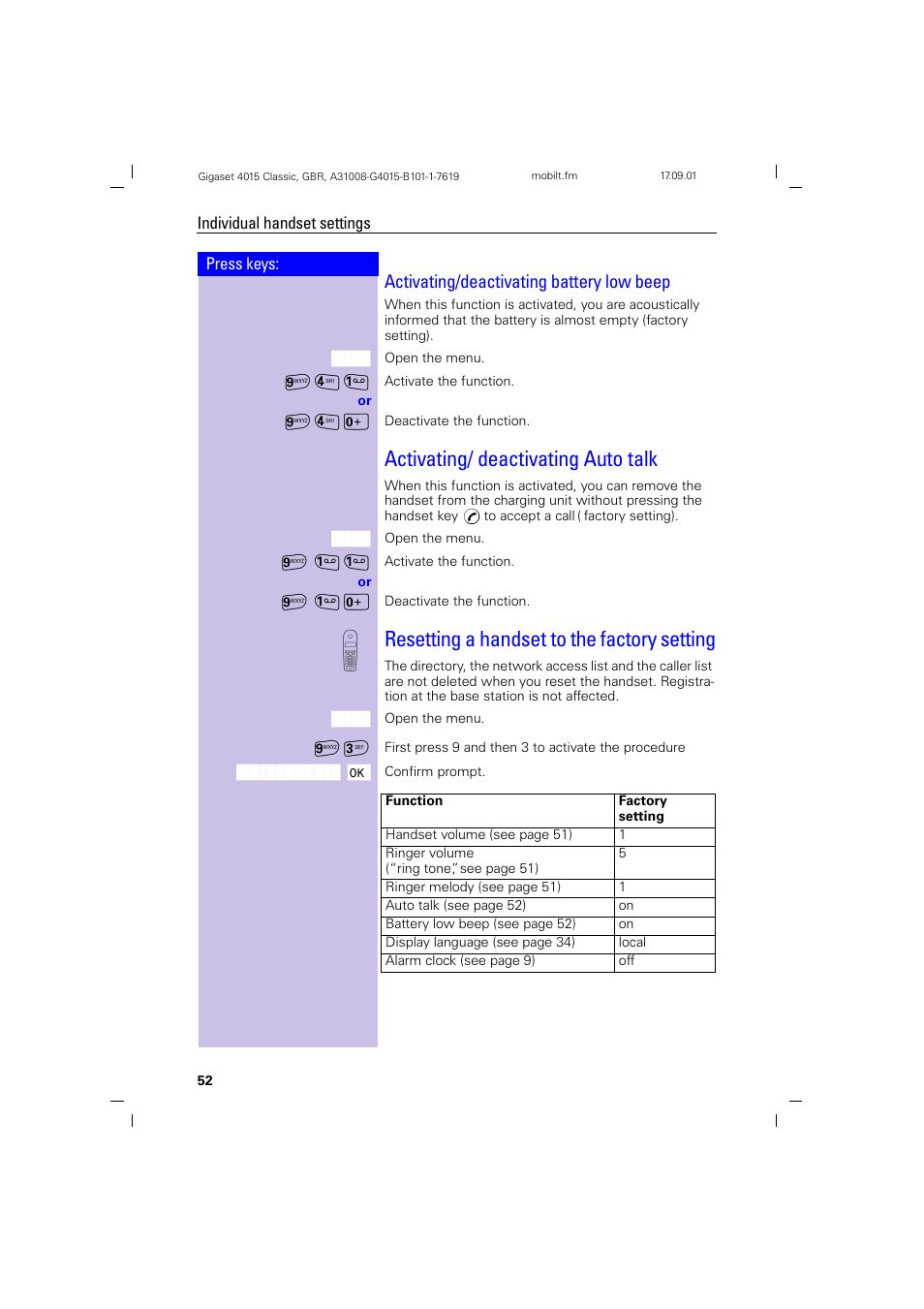 Activating/deactivating battery low beep, Activating/ deactivating auto talk, Resetting a handset to the factory setting | Siemens Gigaset 4015 User Manual | Page 56 / 77