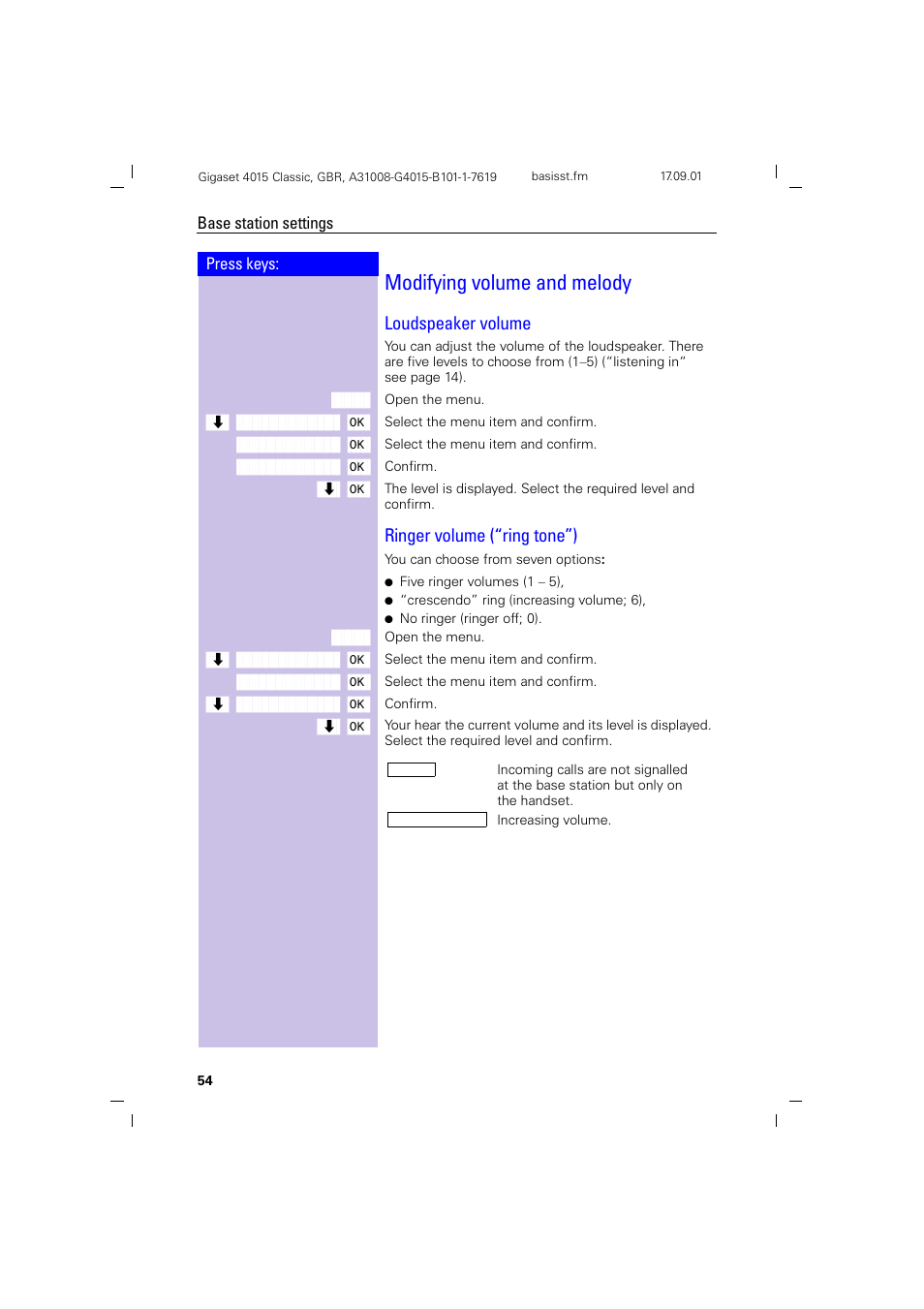 Modifying volume and melody, Loudspeaker volume, Ringer volume (“ring tone”) | Siemens Gigaset 4015 User Manual | Page 58 / 77