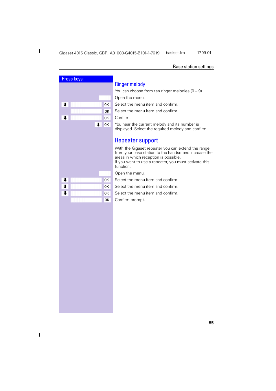 Ringer melody, Repeater support | Siemens Gigaset 4015 User Manual | Page 59 / 77