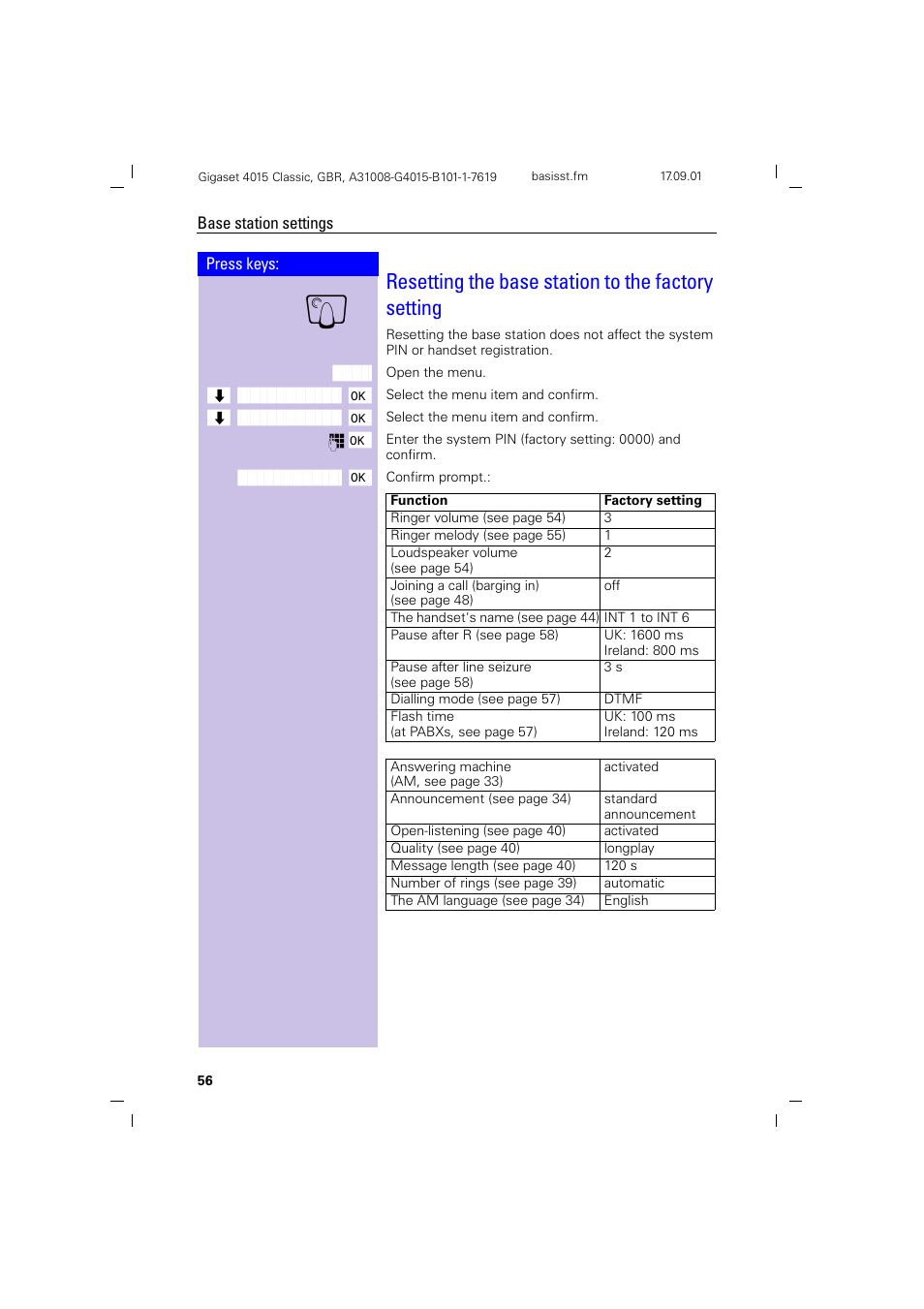 Resetting the base station to the factory setting | Siemens Gigaset 4015 User Manual | Page 60 / 77