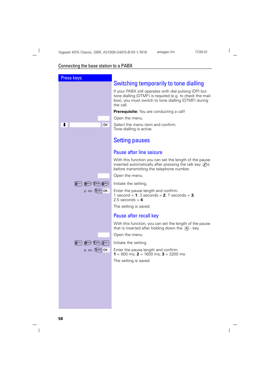 Switching temporarily to tone dialling, Setting pauses, Pause after line seizure | Pause after recall key | Siemens Gigaset 4015 User Manual | Page 62 / 77