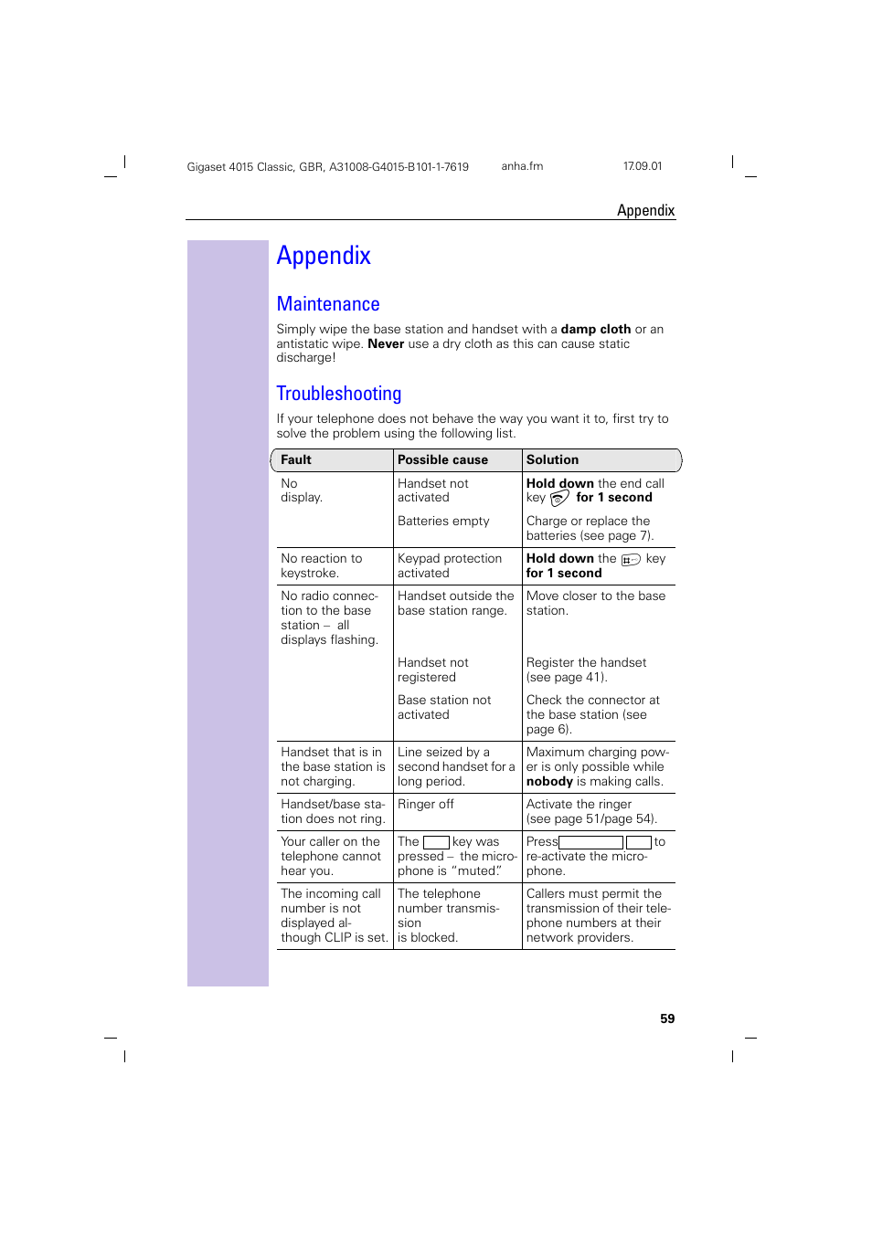 Appendix, Maintenance, Troubleshooting | Maintenance troubleshooting | Siemens Gigaset 4015 User Manual | Page 63 / 77