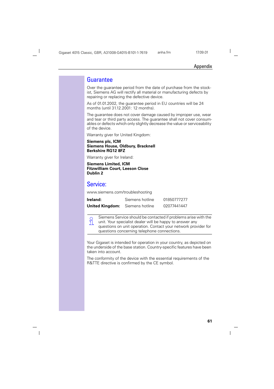 Guarantee, Service, Guarantee service | Siemens Gigaset 4015 User Manual | Page 65 / 77