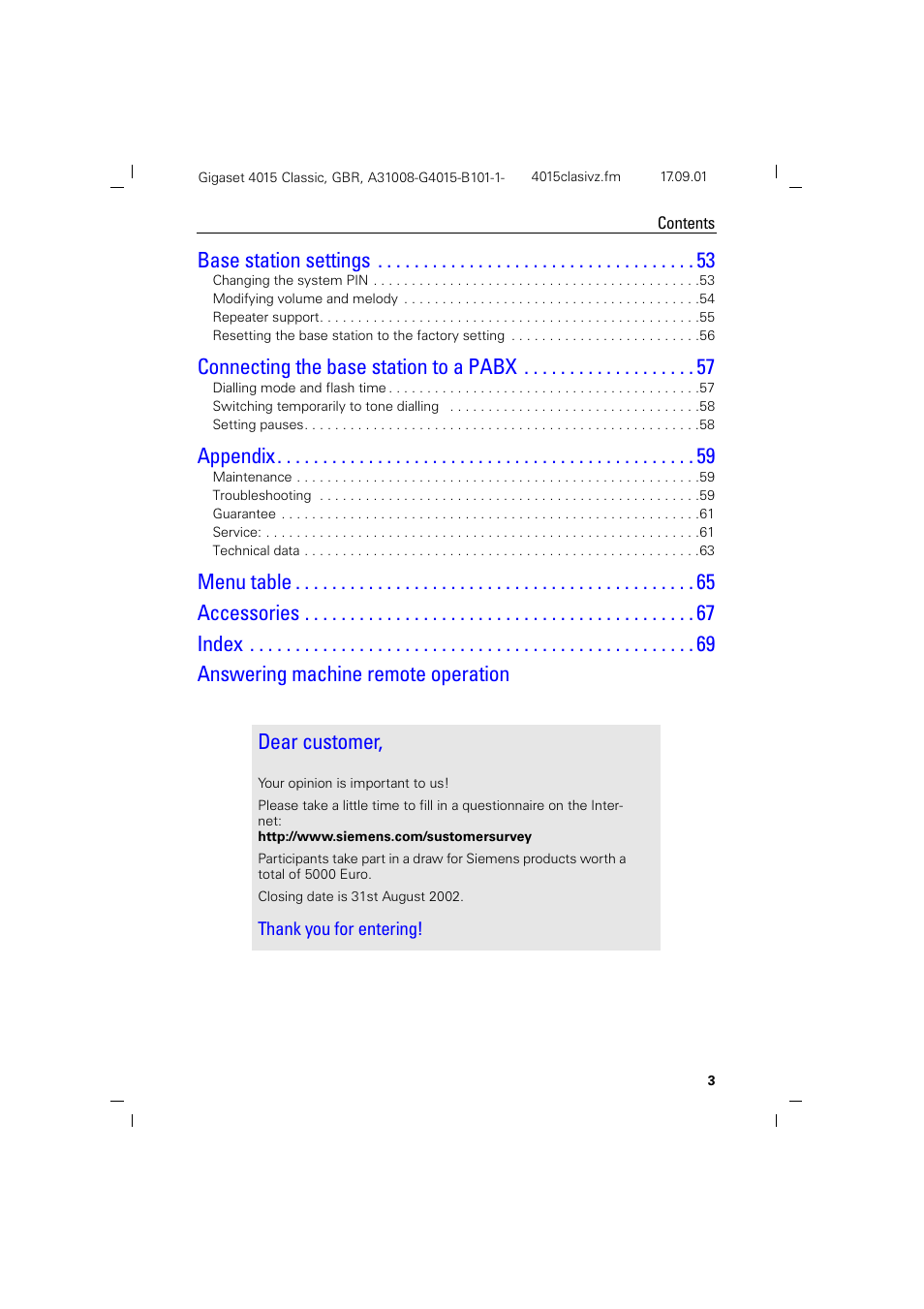 Thank you for entering, Base station settings, Connecting the base station to a pabx | Appendix | Siemens Gigaset 4015 User Manual | Page 7 / 77