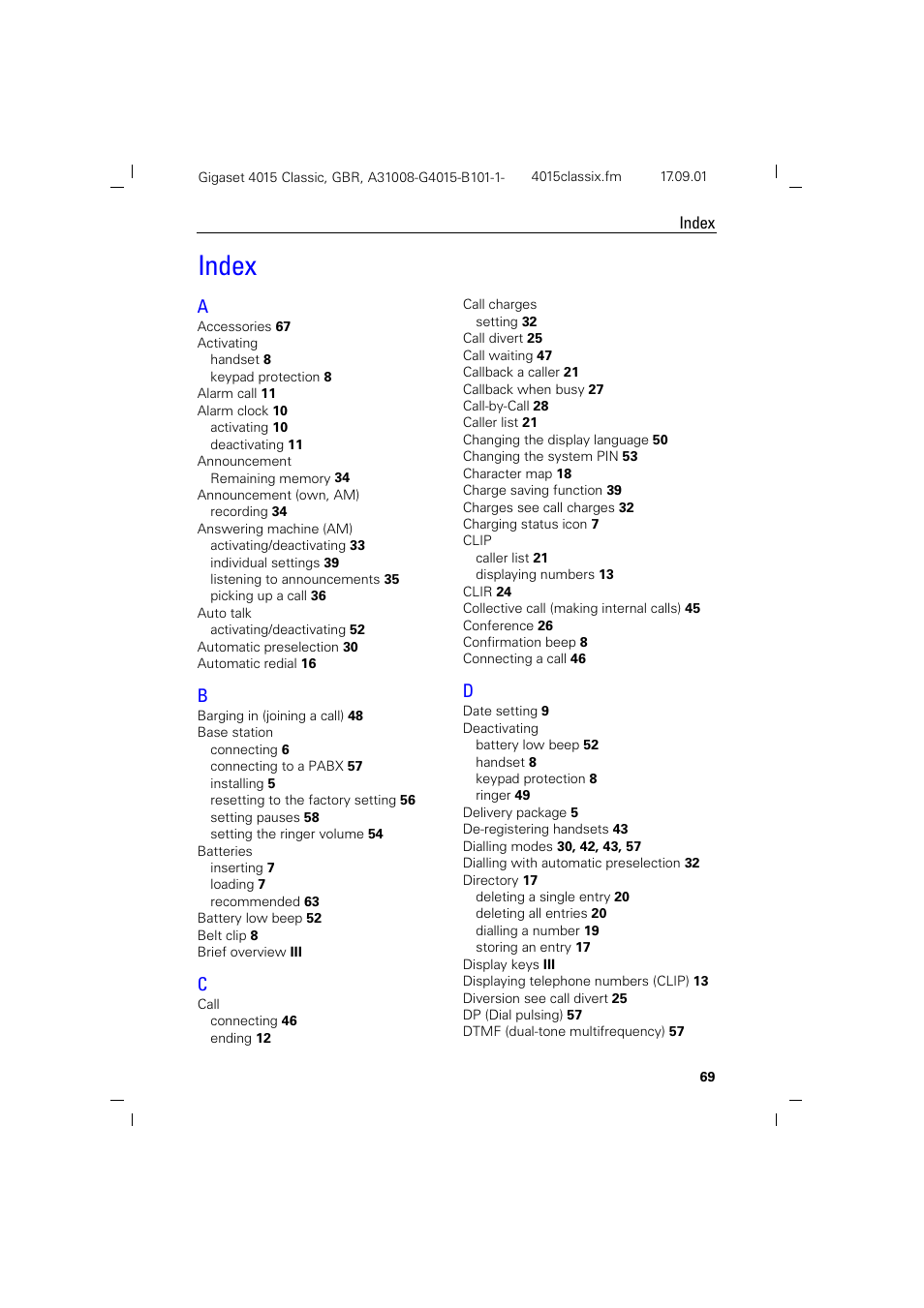 Index | Siemens Gigaset 4015 User Manual | Page 73 / 77