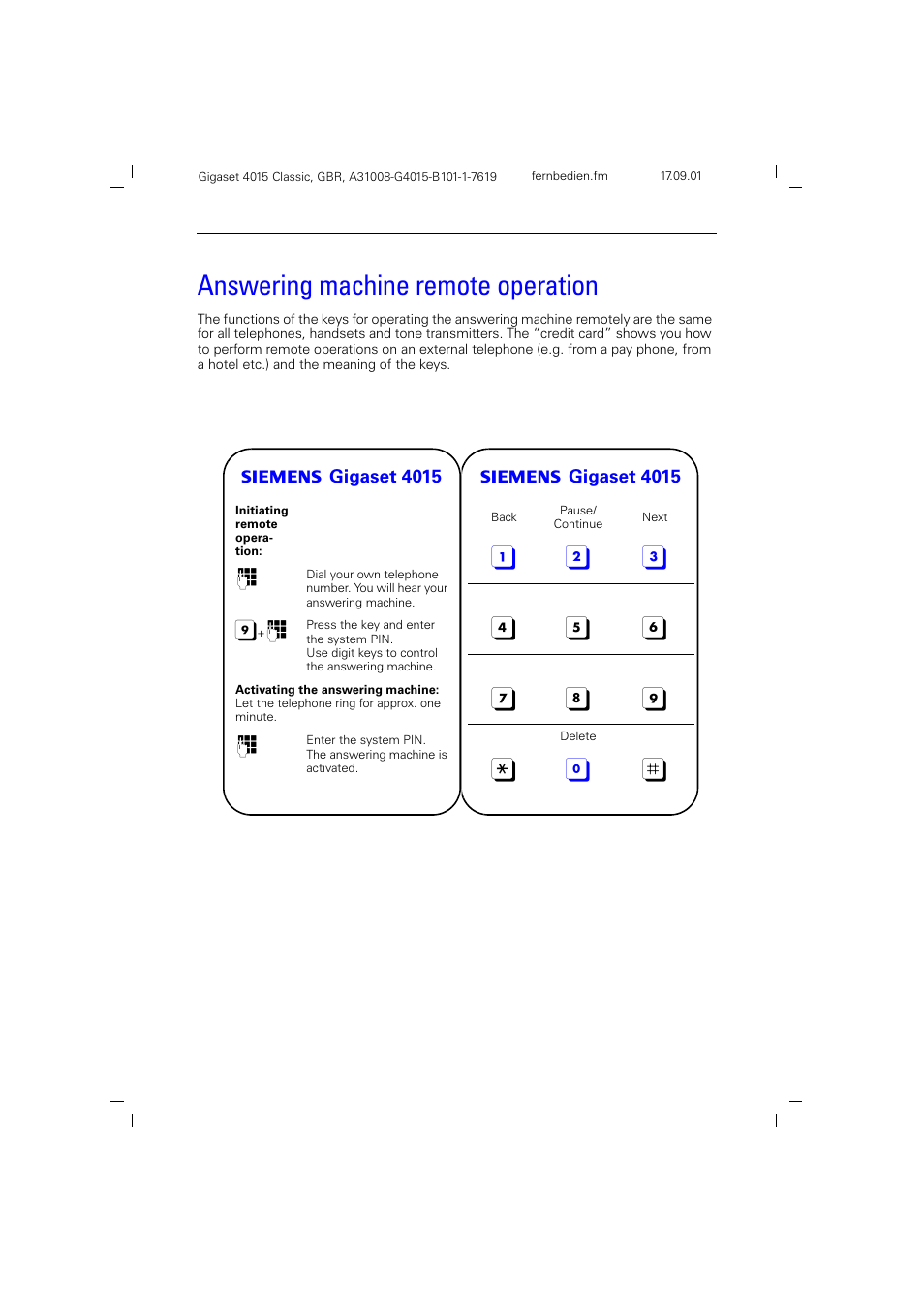 Answering machine remote operation | Siemens Gigaset 4015 User Manual | Page 76 / 77