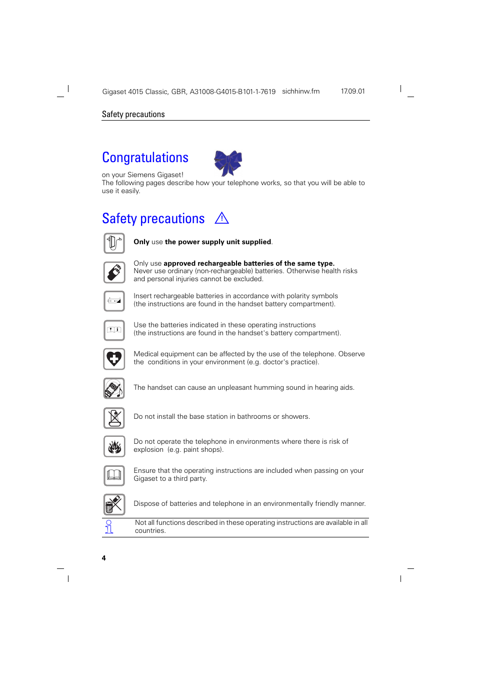 Safety precautions | Siemens Gigaset 4015 User Manual | Page 8 / 77