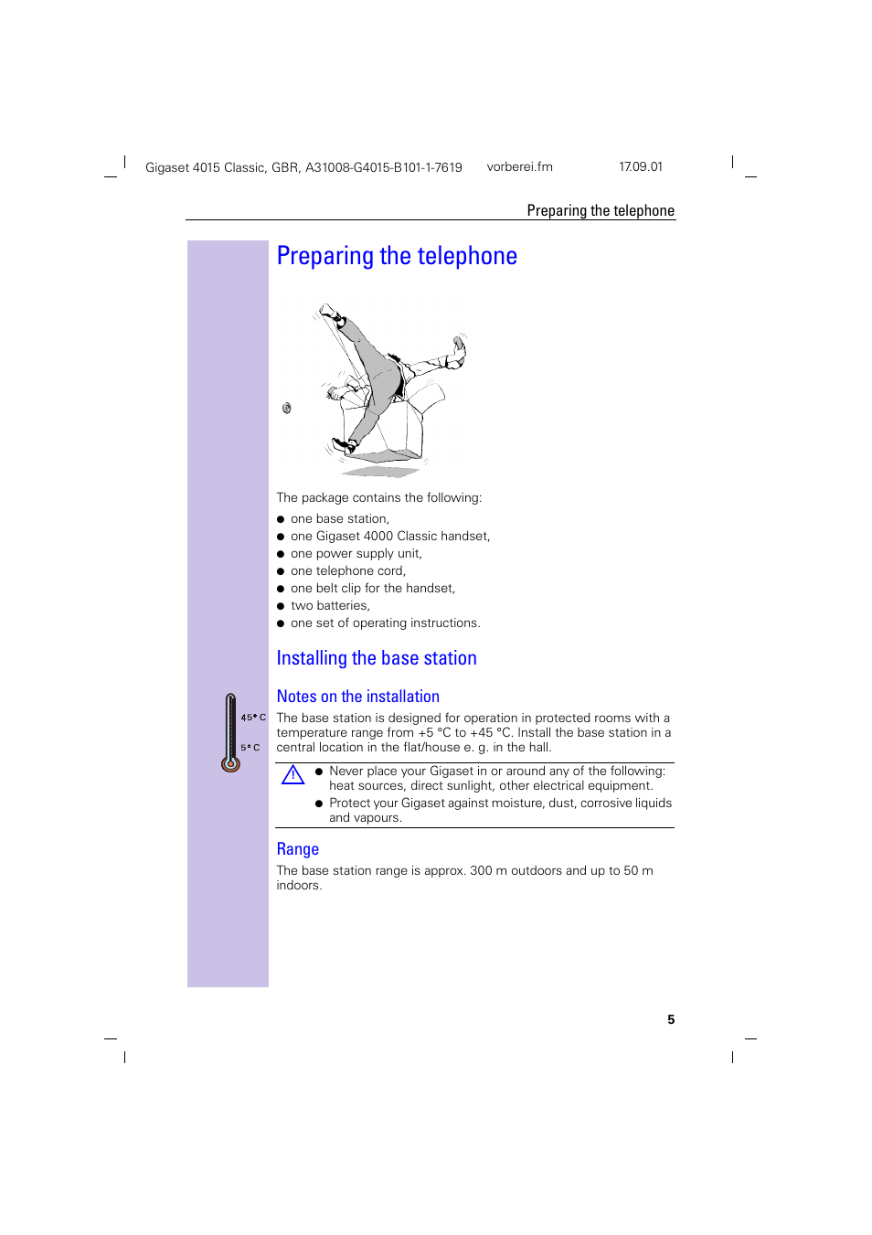 Preparing the telephone, Installing the base station, Notes on the installation | Range | Siemens Gigaset 4015 User Manual | Page 9 / 77