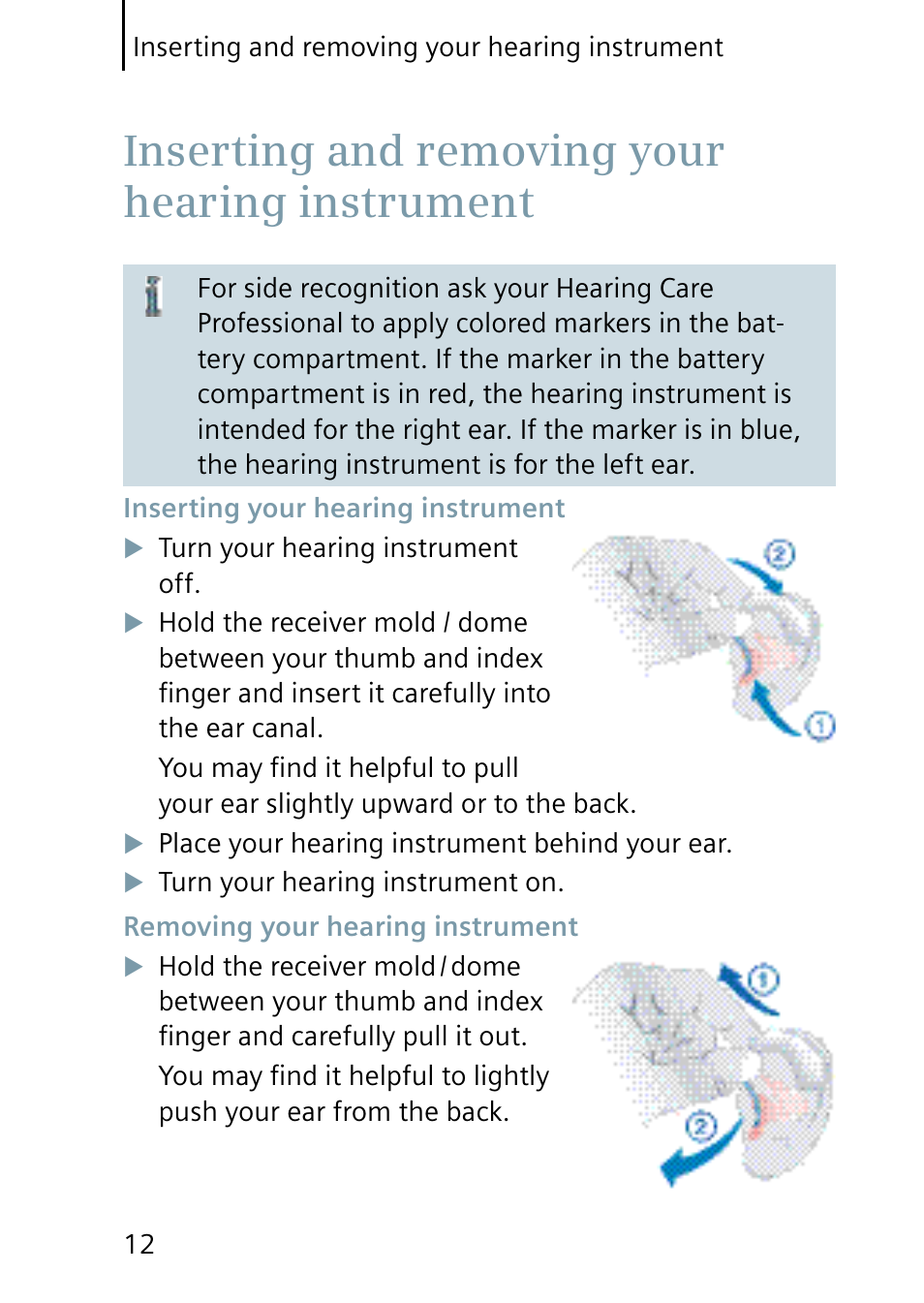 Inserting and removing your hearing instrument | Siemens Pure User Manual | Page 12 / 32
