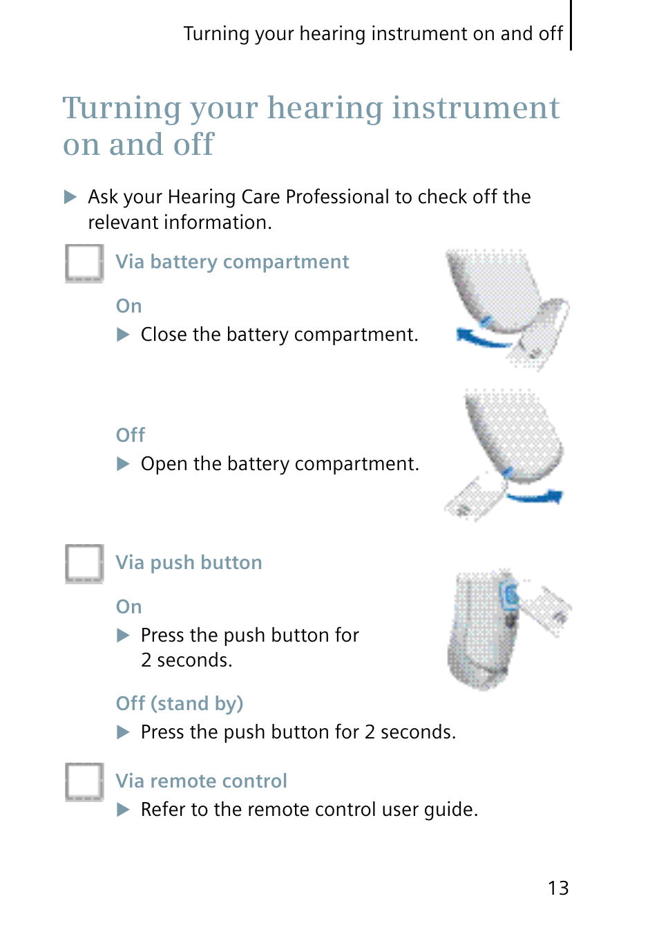 Turning your hearing instrument on and off | Siemens Pure User Manual | Page 13 / 32