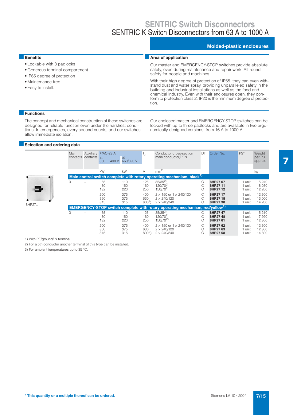 Sentric switch disconnectors | Siemens AC-21A User Manual | Page 15 / 50