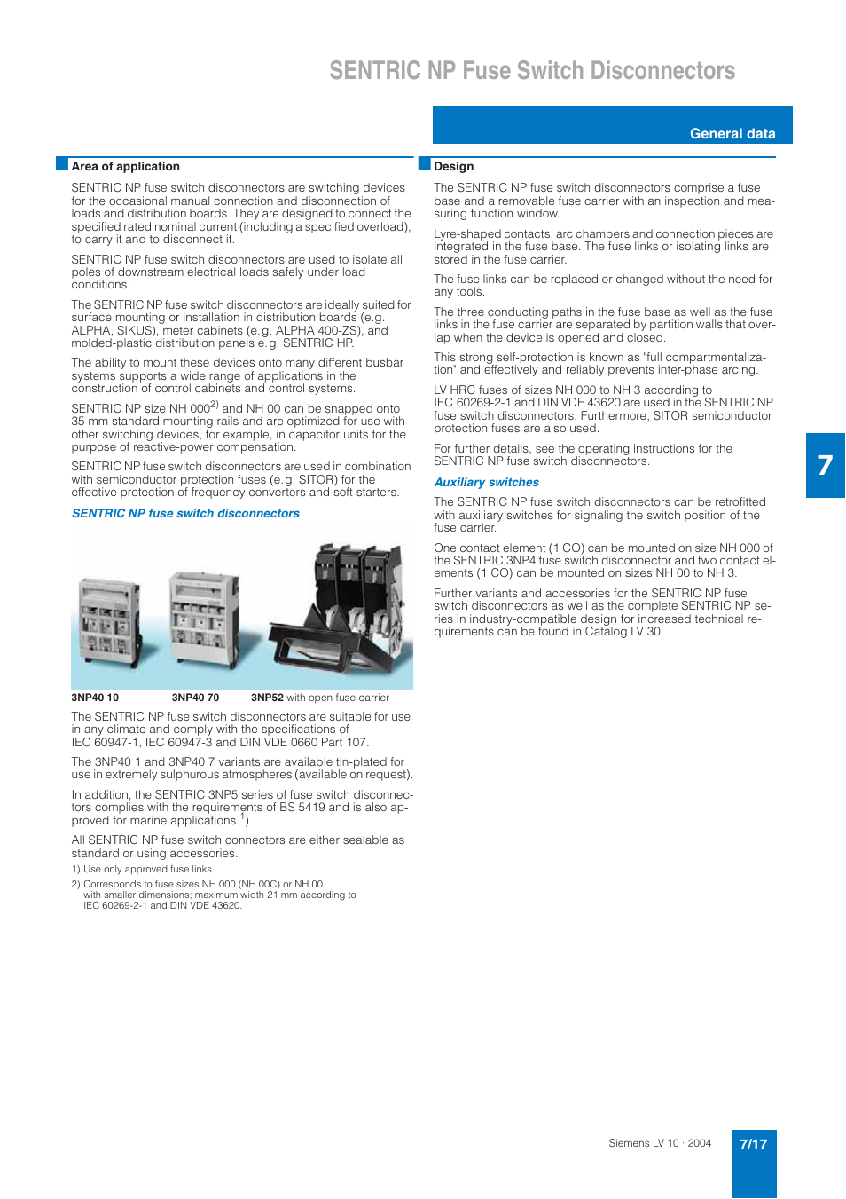 Sentric np fuse switch disconnectors | Siemens AC-21A User Manual | Page 17 / 50