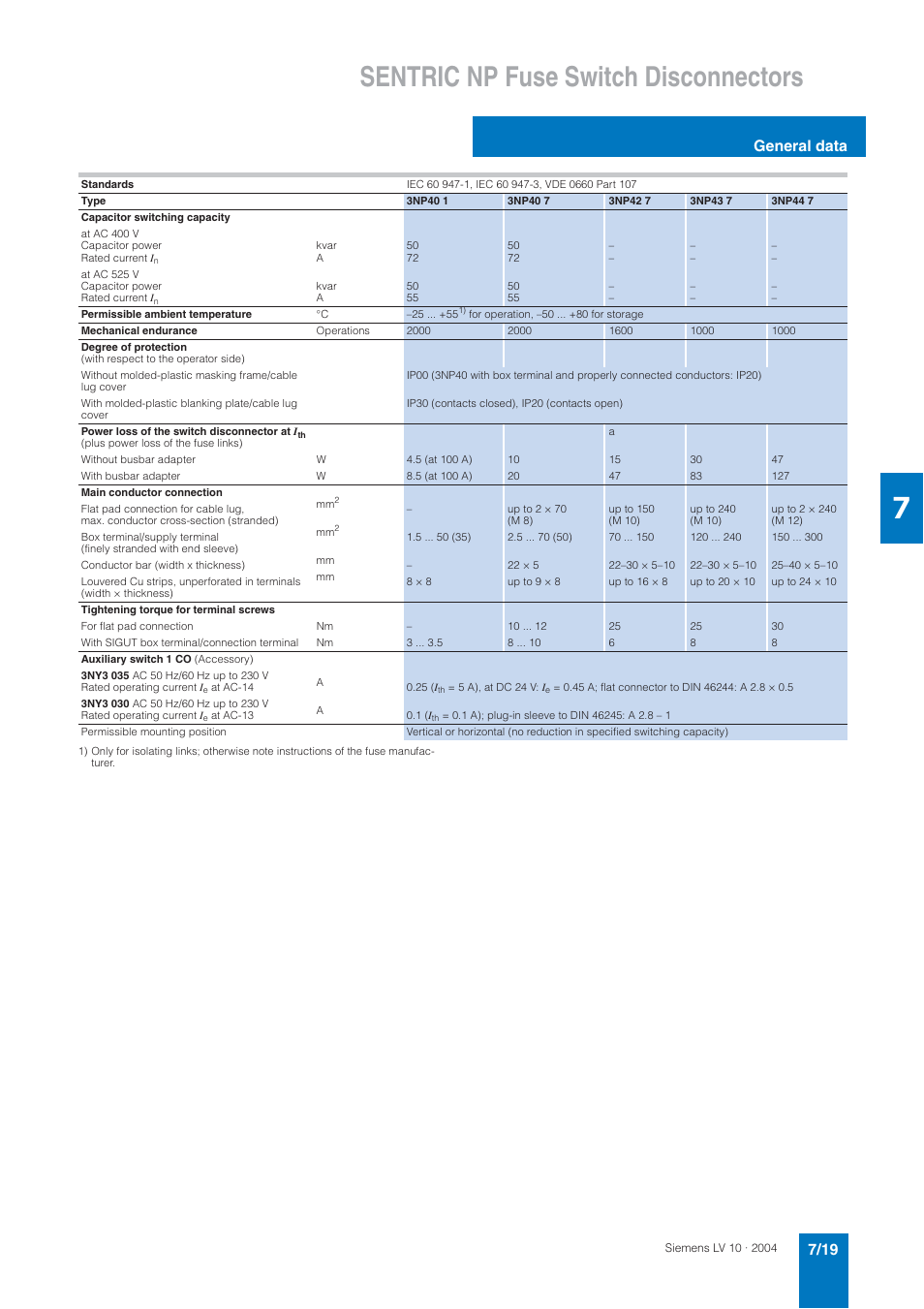 Sentric np fuse switch disconnectors, General data | Siemens AC-21A User Manual | Page 19 / 50