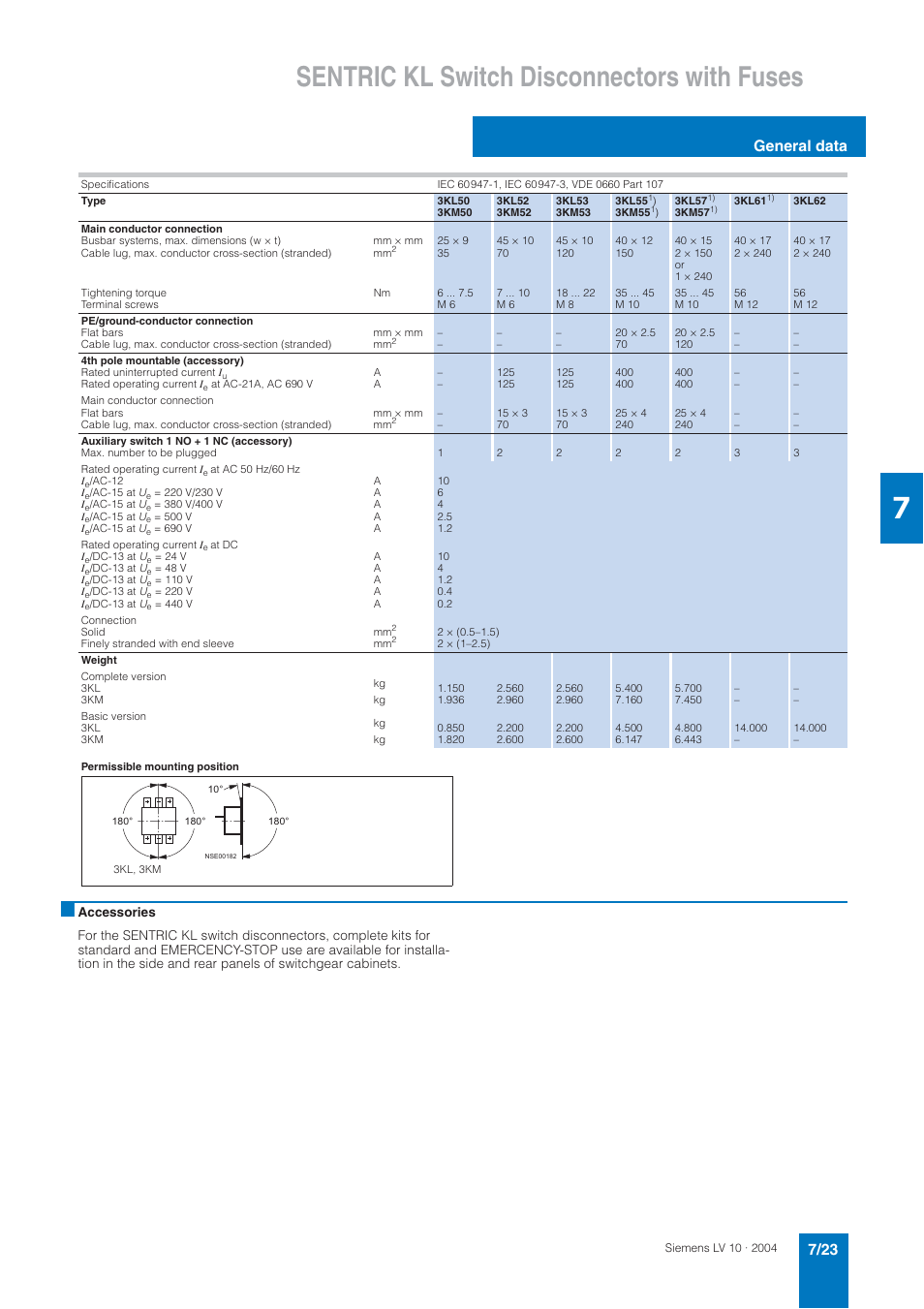 Sentric kl switch disconnectors with fuses, General data | Siemens AC-21A User Manual | Page 23 / 50