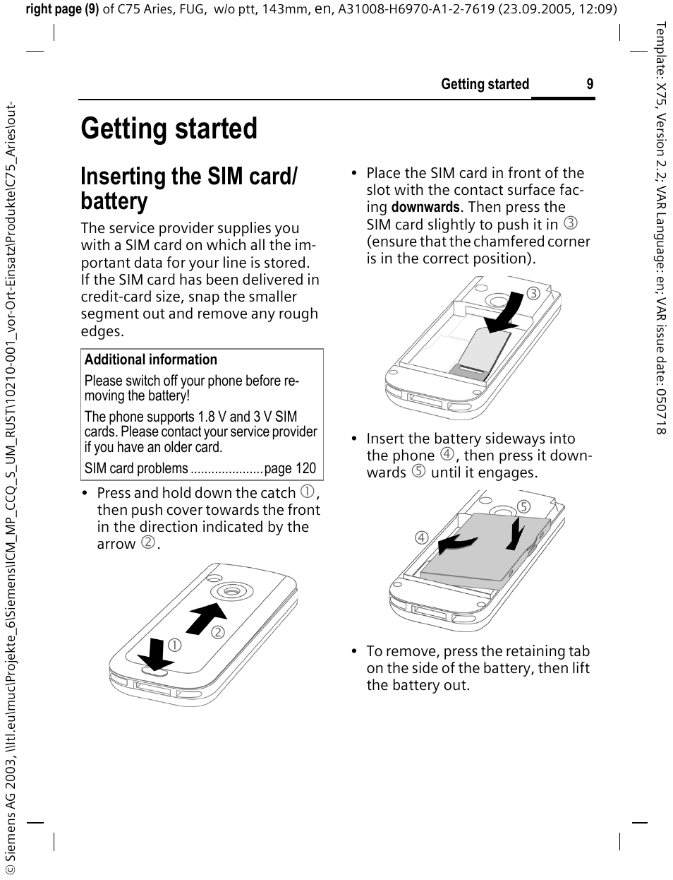 Getting started, Inserting the sim card/ battery | Siemens C75 User Manual | Page 10 / 144