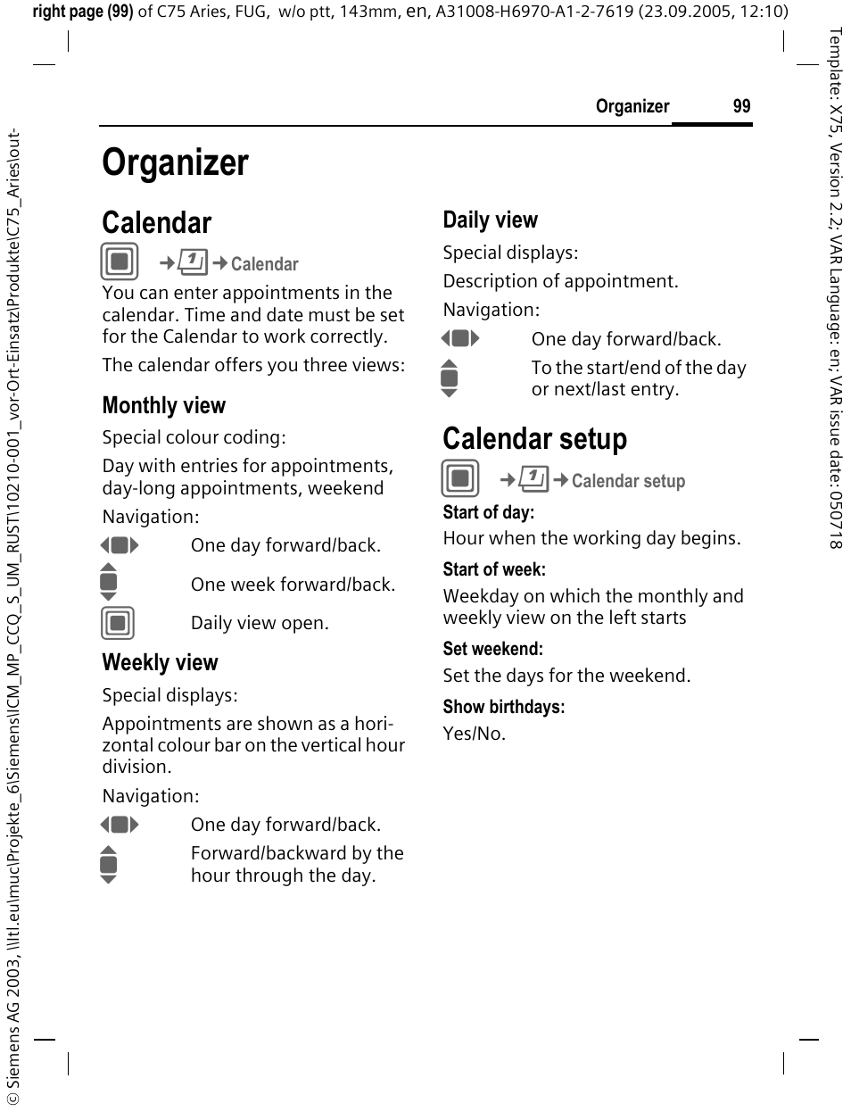 Organizer, Calendar, Calendar setup | Siemens C75 User Manual | Page 100 / 144