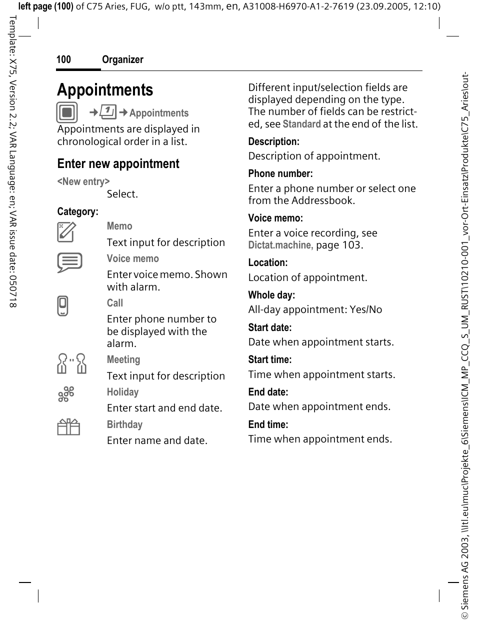 Appointments, Enter new appointment | Siemens C75 User Manual | Page 101 / 144